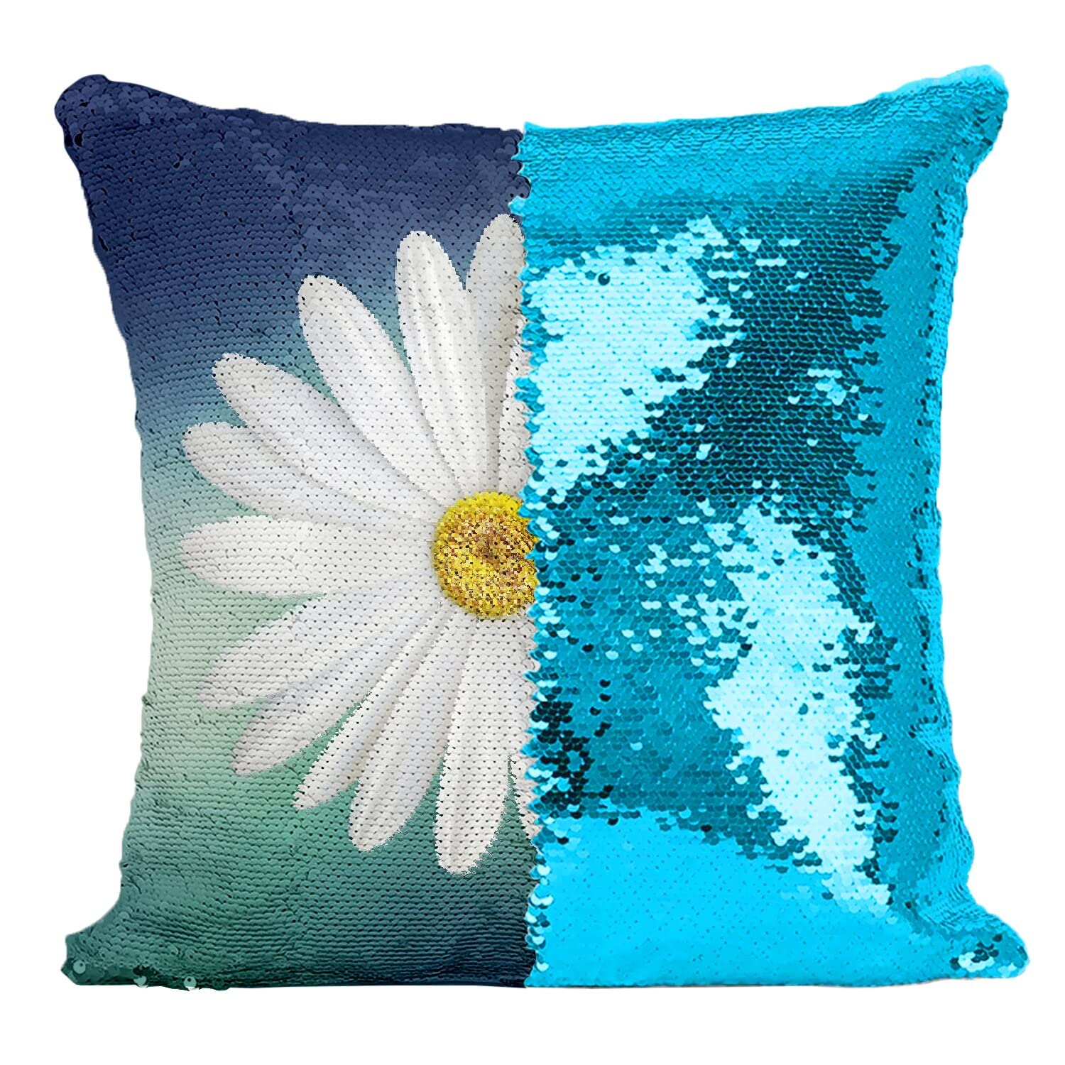 Coussin paillettes turquoise au design raffiné de pâquerette sauvage