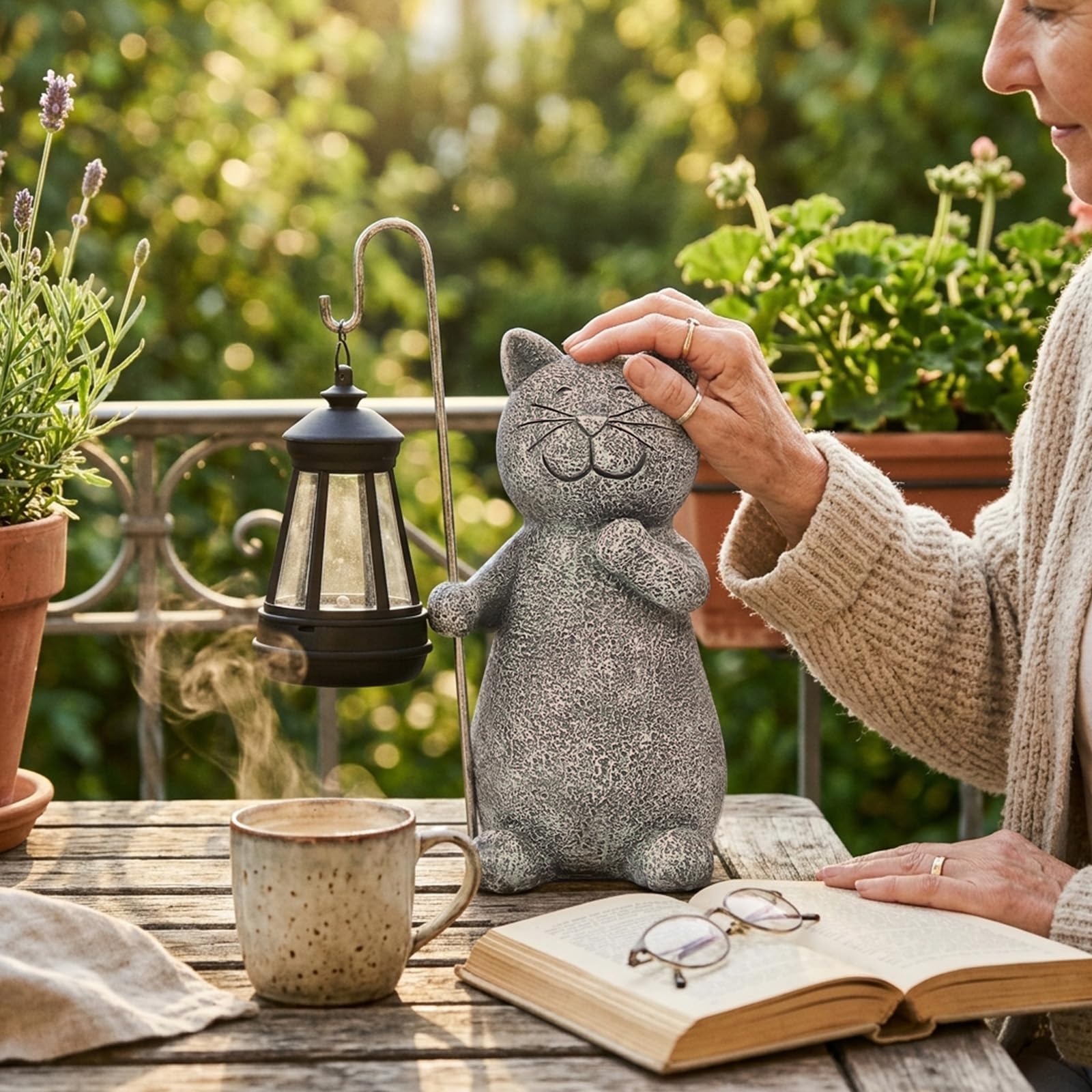 Yeomoo Katze Gartenfiguren für Außen mit Solar Laterne – Lustig Wasserdicht Solarlampe Figur Gartendeko für Draußen Balkon Terrassen Geschenke für Frauen Männer Mama Geburtstag Feengarten Grau
