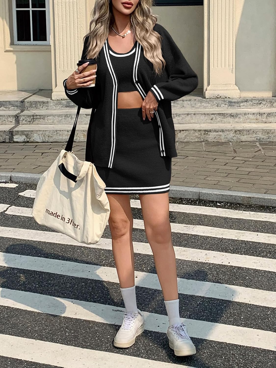 Fisoew Womens Sweater Sets Knit 3 Piece Casual Long Sleeve Button Cardigan High Waisted A Line Skirts Workout Lounge Set - Image 5