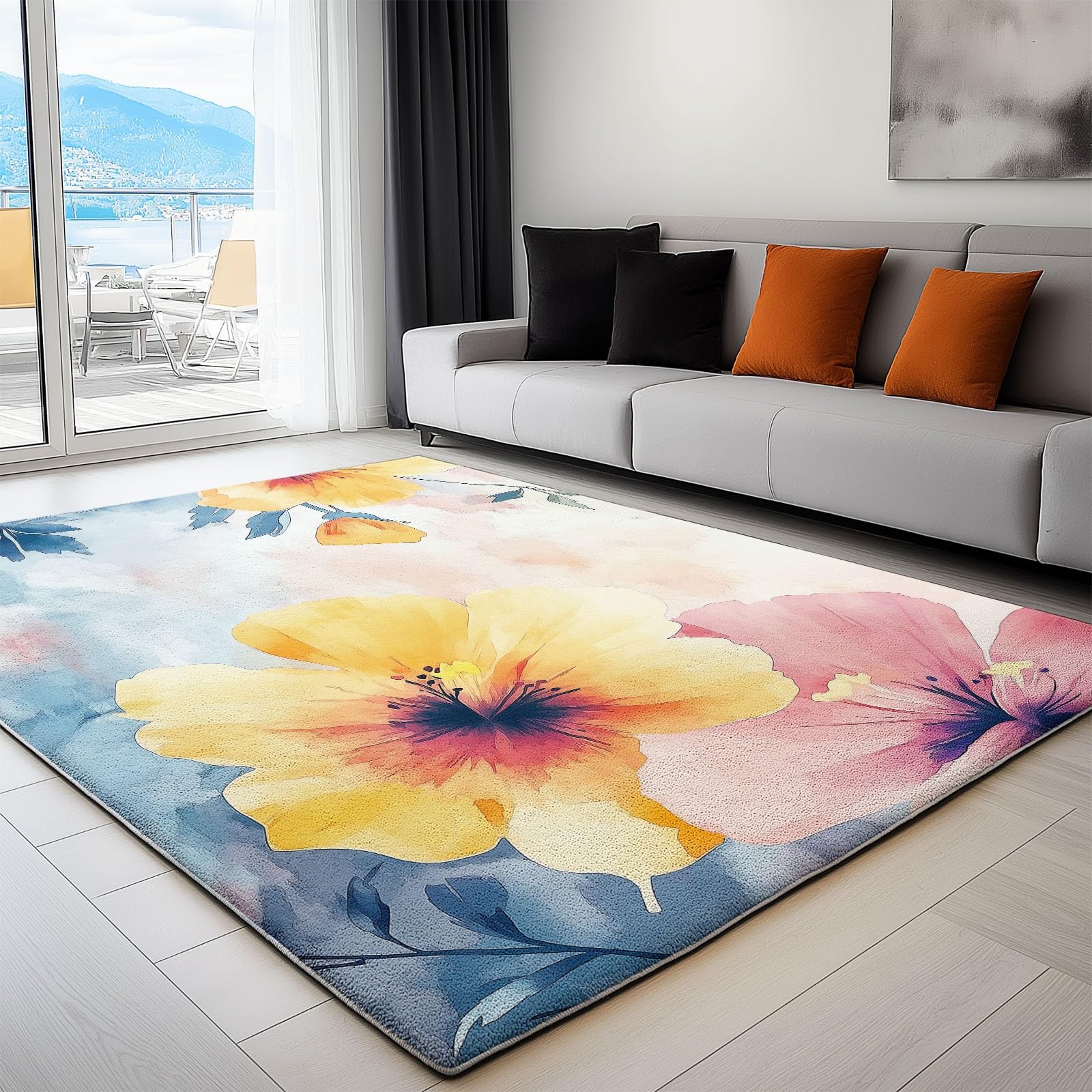 Generico Tappeto Salotto Motivo Floreale Giallo 80x150cm Tappeti Soggiorno Moderni Grandi Dimensioni, Tappeto Pelo Corto Interno, Tappeti Lavabili Antiscivolo per Camera da letto