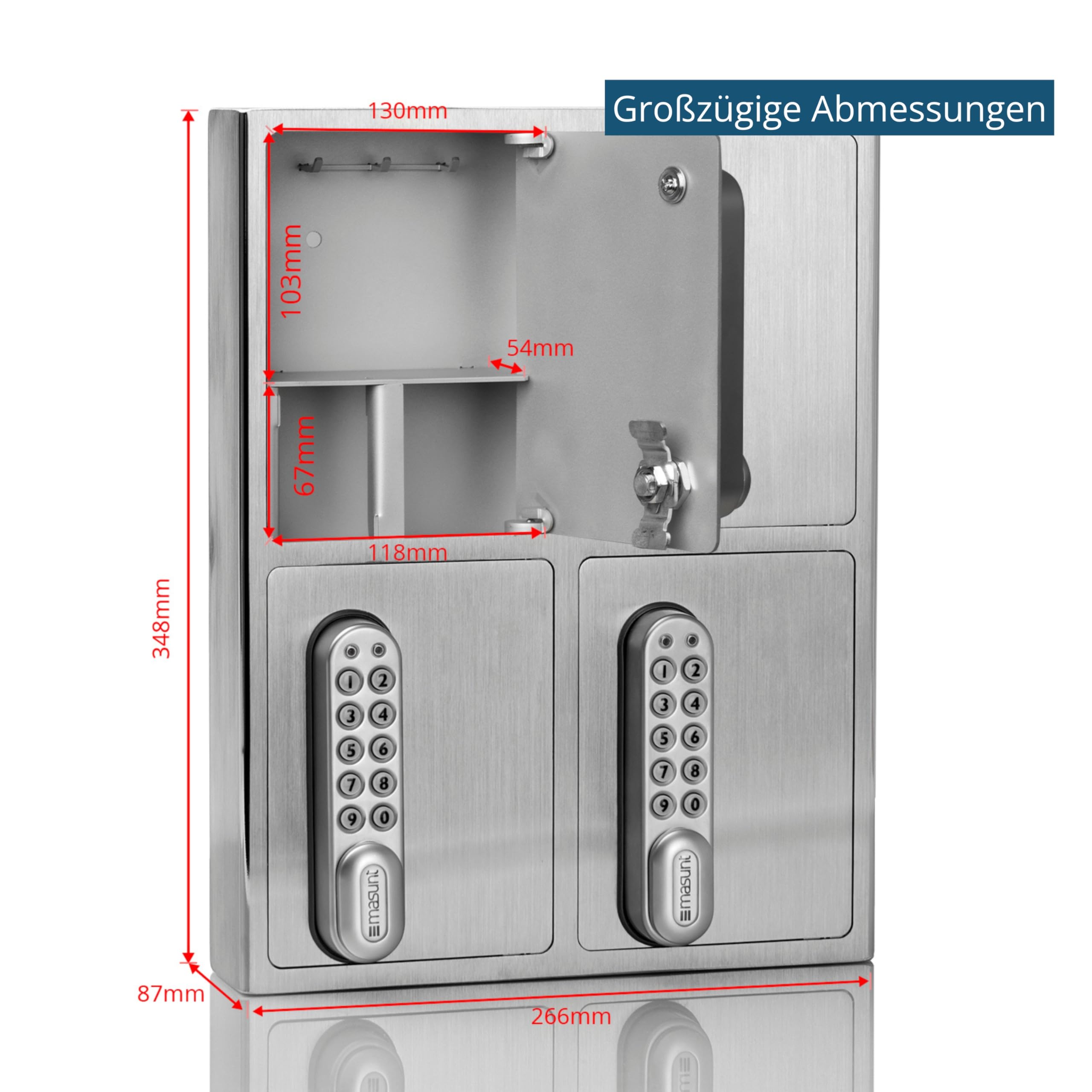 masunt Schlüsselsafe 1440 E Code | innovative Online-Codevergabe aus der Ferne | digitaler Schlüsseltresor aus massivem V4A Edelstahl | 4 Fächer | Aufbruch-sicher | korrosionsbeständig für Seeklima