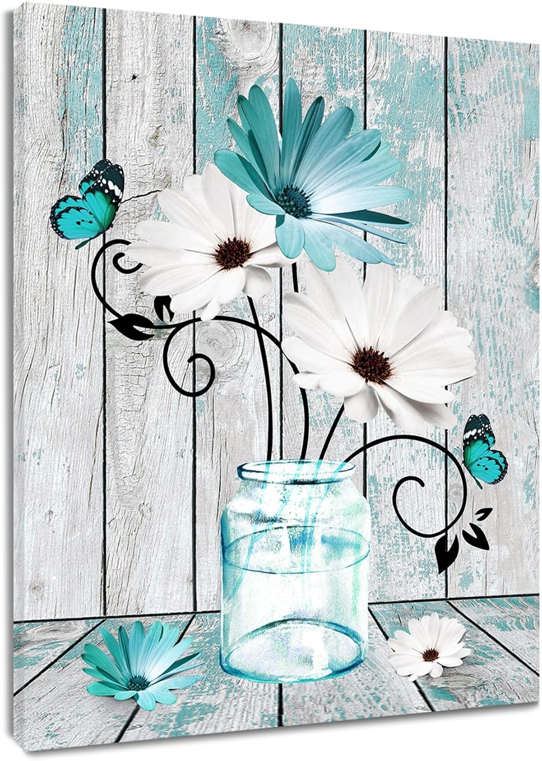 MEUNEAR Teal Blue and White Flower Wall Art for Living Room Daisy in Vase and Butterfly on Rustic Wood Paintings Wall Decor Floral Plant Canvas Wall Art for Bedroom Bathroom Decor,24L X 16W inches