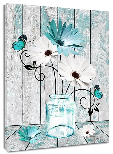 MEUNEAR Teal Floral Wall Art for Living Room Blue and