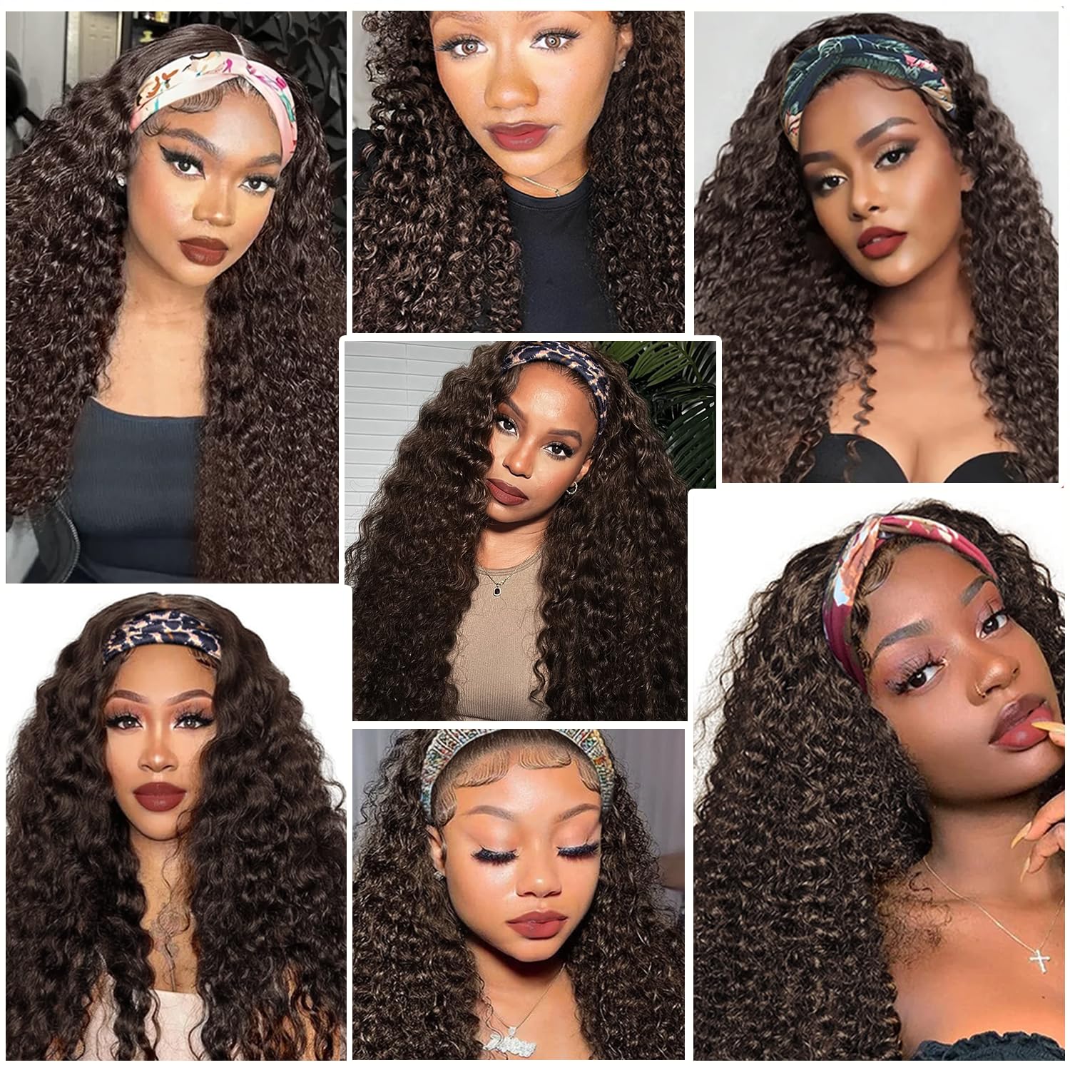 Headband Wig Human Hair Deep Wave Half Wigs Glueless None Lace Front Wigs with Headband Attached Brazilian Human Hair Headband Wigs Glueless Curly Hair for Black Women(20 Inch, Chocolate Brown)