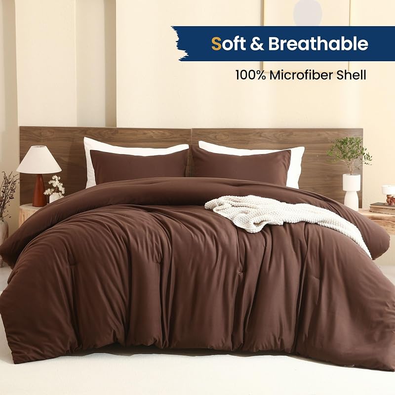 Paxrac Earthy Brown Comforter Queen Size, Neutral 3 Pieces Comforter Set, Lightweight Solid Bedding Set, All Seasons Soft Fluffy Queen Comforter Set (90x90In Comforter & 2 Pillowcases) image 2