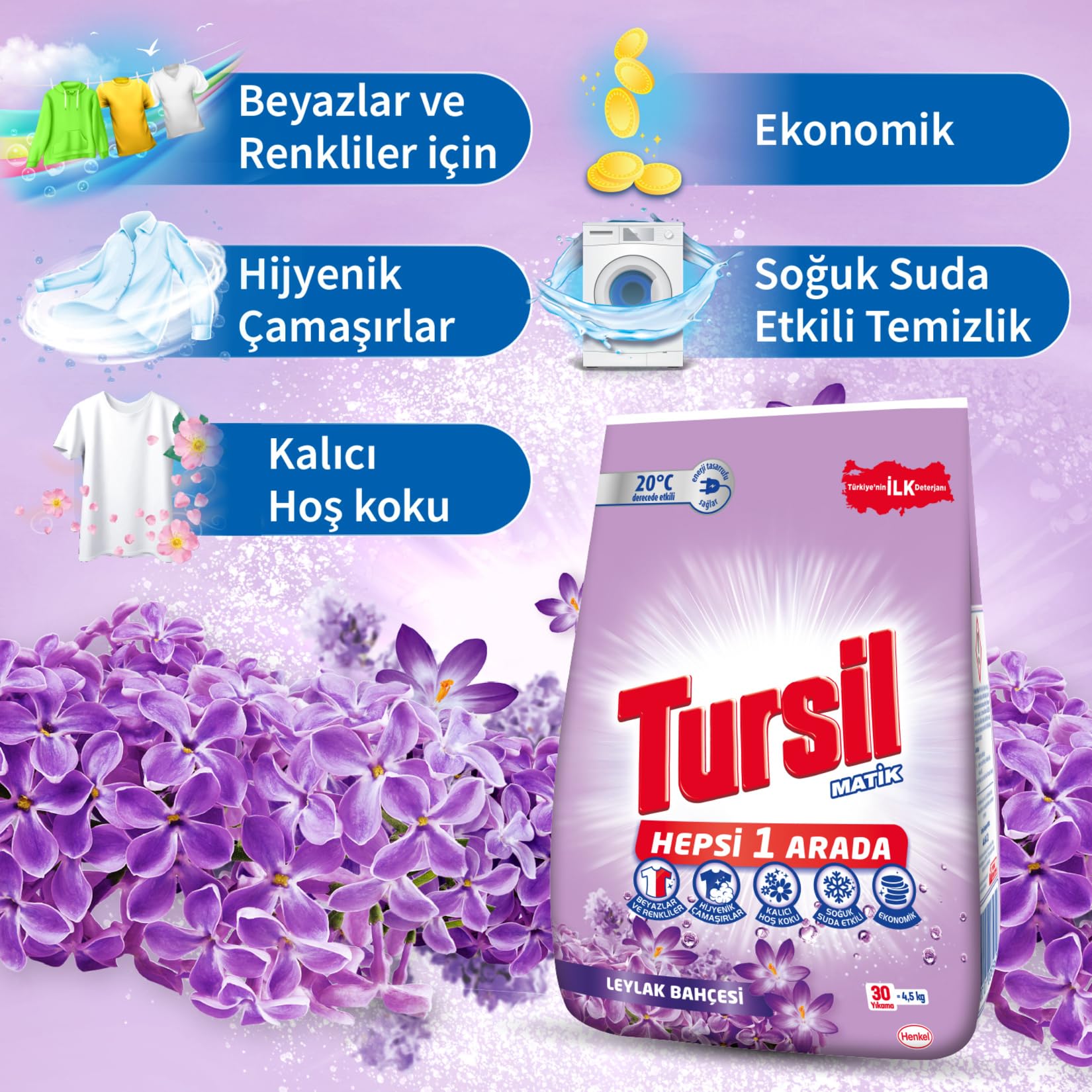 Tursil Matik Toz Çamaşır Deterjanı Oxi Enerji Leylak Bahçesi 4,5 kg 30 Yıkama, Leylak Bahçesi 4.5kg (4 paketi)