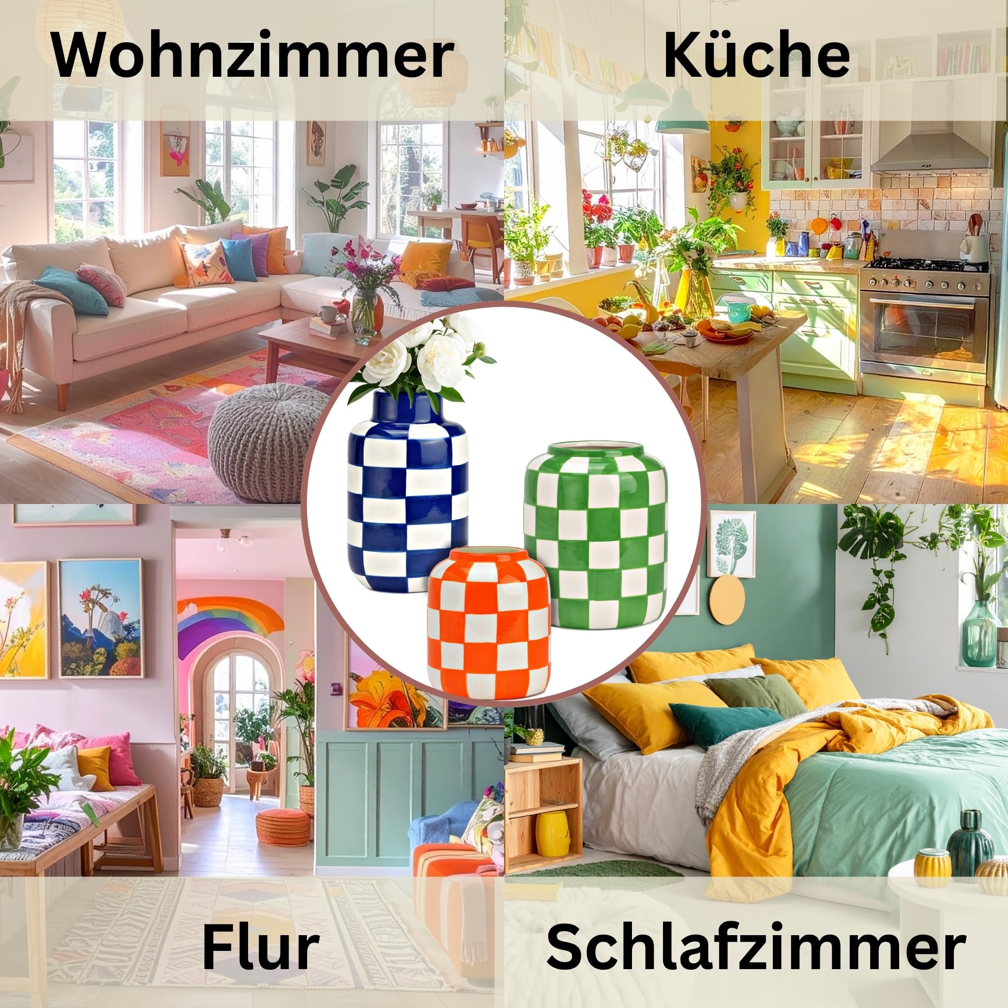 matches21 HOME & HOBBY Blumenvasen 3er Set kariert, orange, grün, blau - Moderne Keramik Vase als Wohnzimmerdeko
