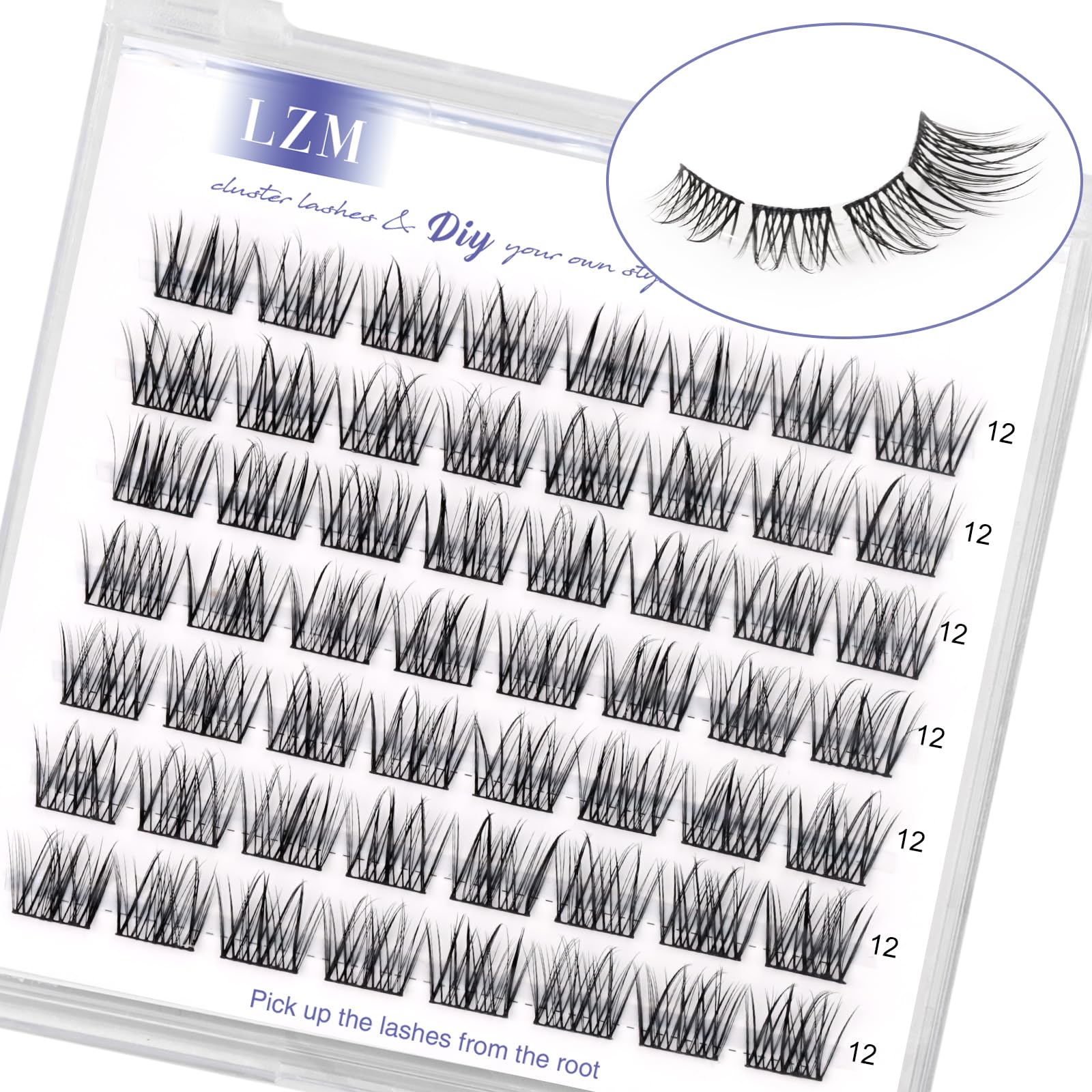 LZM Cluster Lashes 12mm Individual Eyelashes C Curl Individual Natural Reusable Lash Clusters Thin Band Natural Eyelashes (Wishes-C-12mm)
