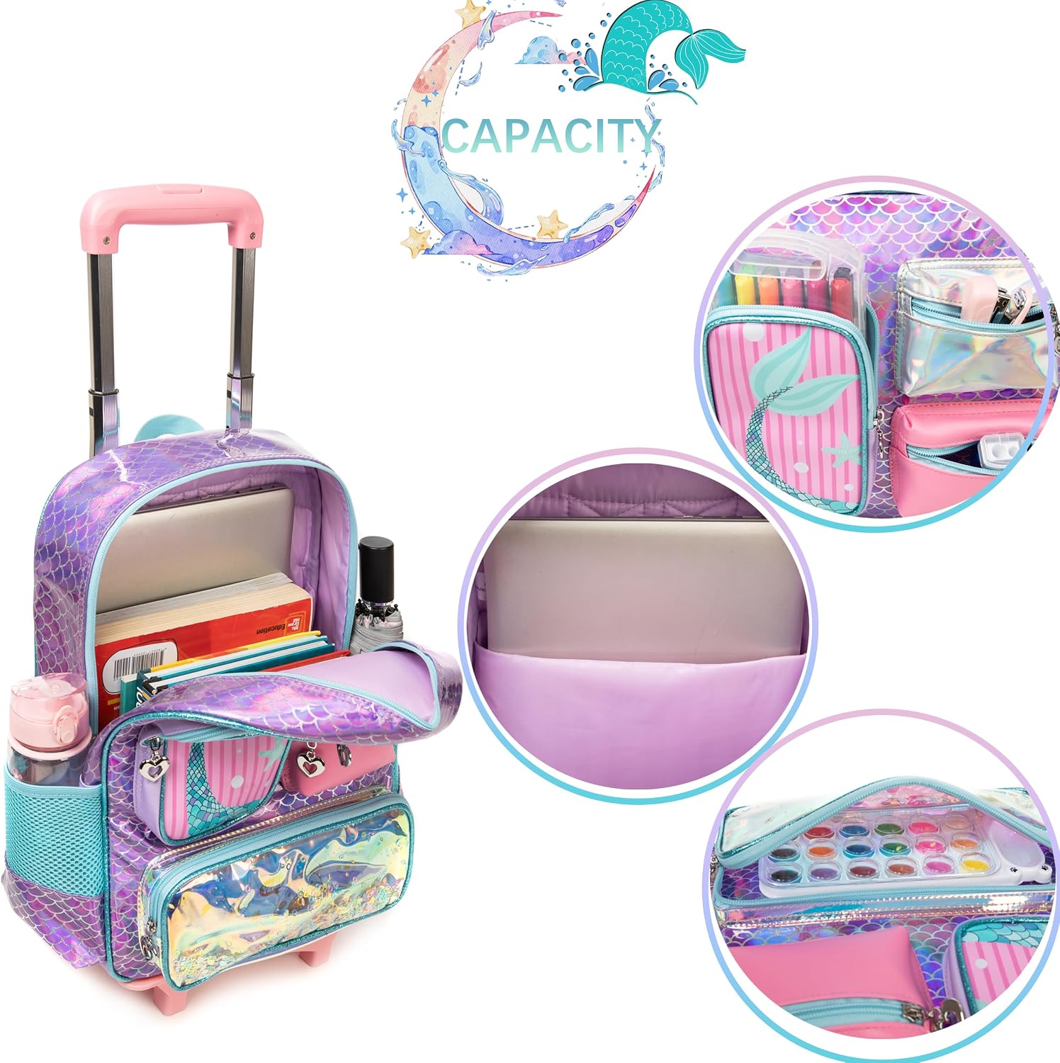 HTgroce Rolling Backpack for Girls with Lunch Bag 17 inch Unicorn Wheeled Backpack rolling backpack for kids.