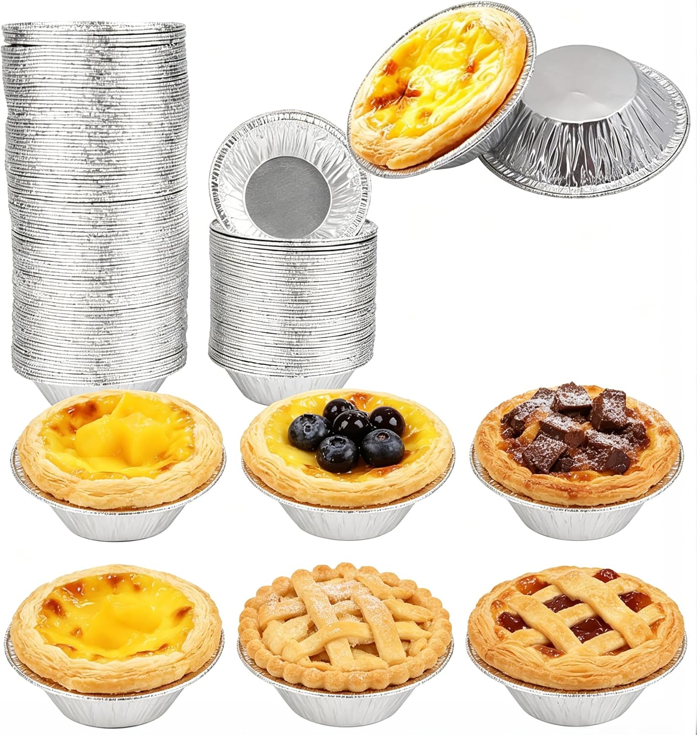 100Pcs Silver Mini Pie Tins, Round Tart Pie Foil Pan Disposable Foil Tart Pans, Aluminum Pans for Baking