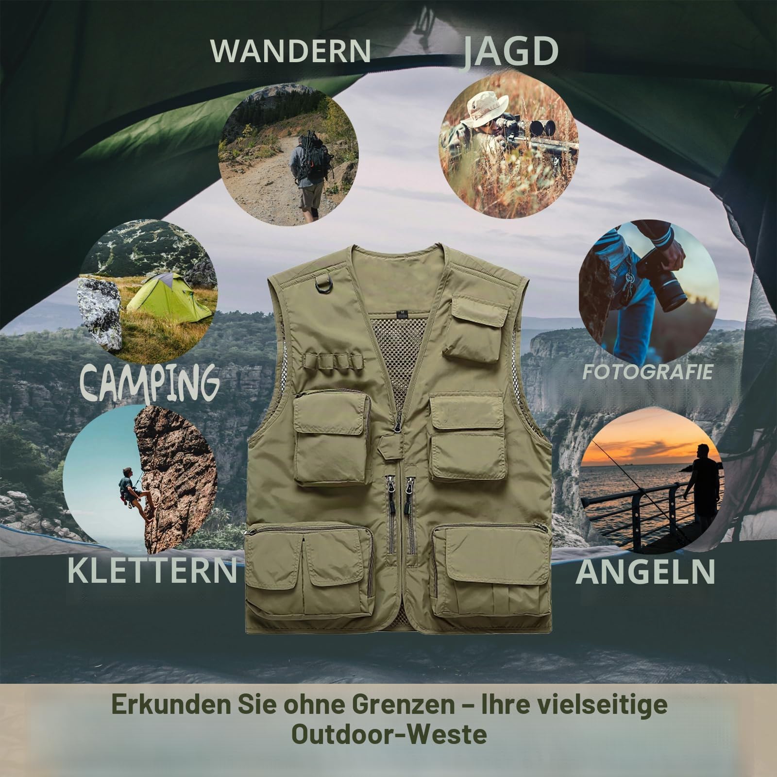 Herren Outdoor Weste Anglerweste Sommer Leicht Schnelltrockenweste Ärmellos Weste mit Viele Taschen für Angeln Safari Camping Wandern Reisen Cargo Jagd Sport