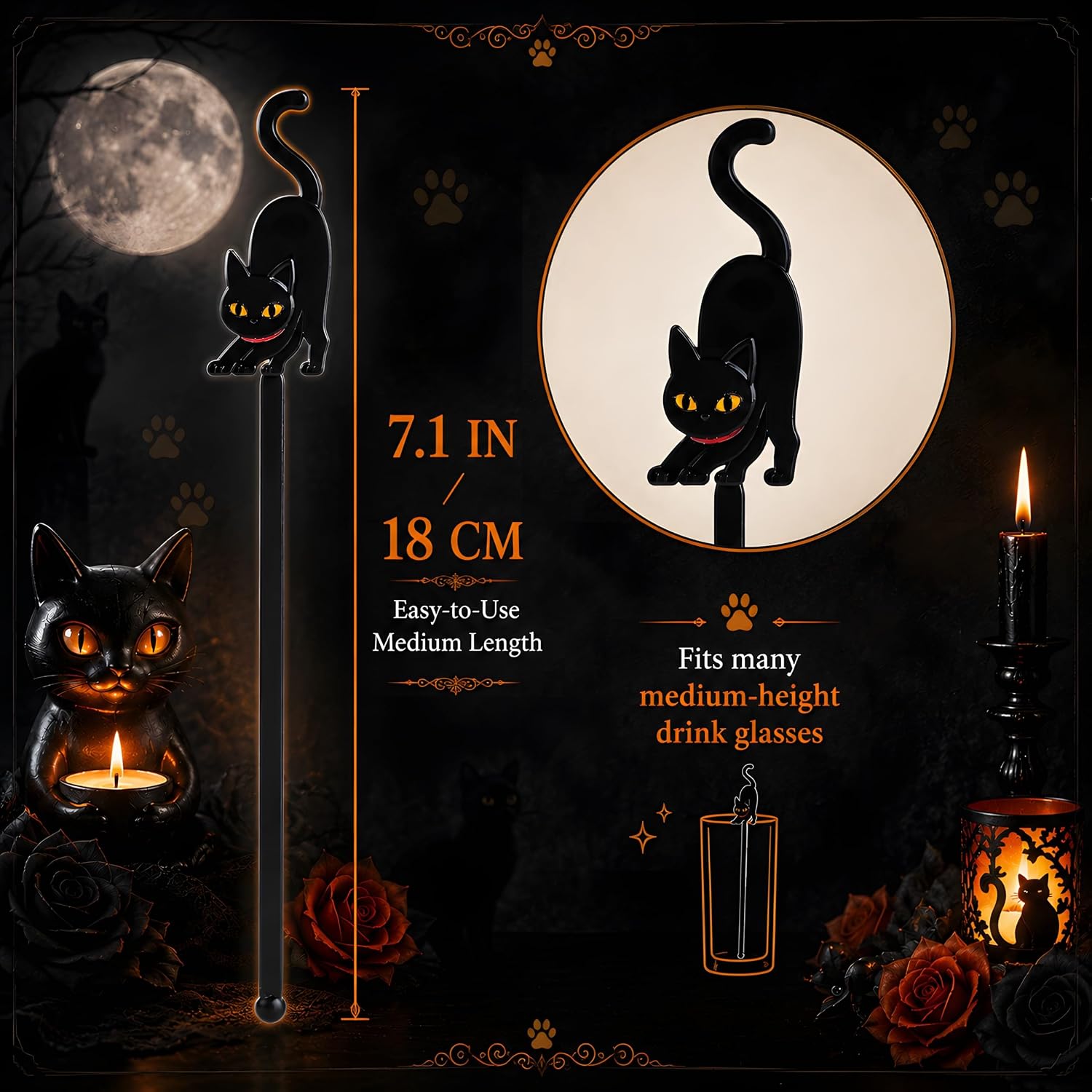 36 Pack Halloween Black Cat Swizzle Sticks, 7.1 Inch Cocktail Stirrers