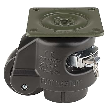 FOOT MASTER GDR-80-F-NYN-FBL Leveling Caster, 63 mm Nylon 66 Wheel, Flat Black, Height Adjustable Ratchet, Plate Mounted Swivel Caster, 500 kg Load Rating