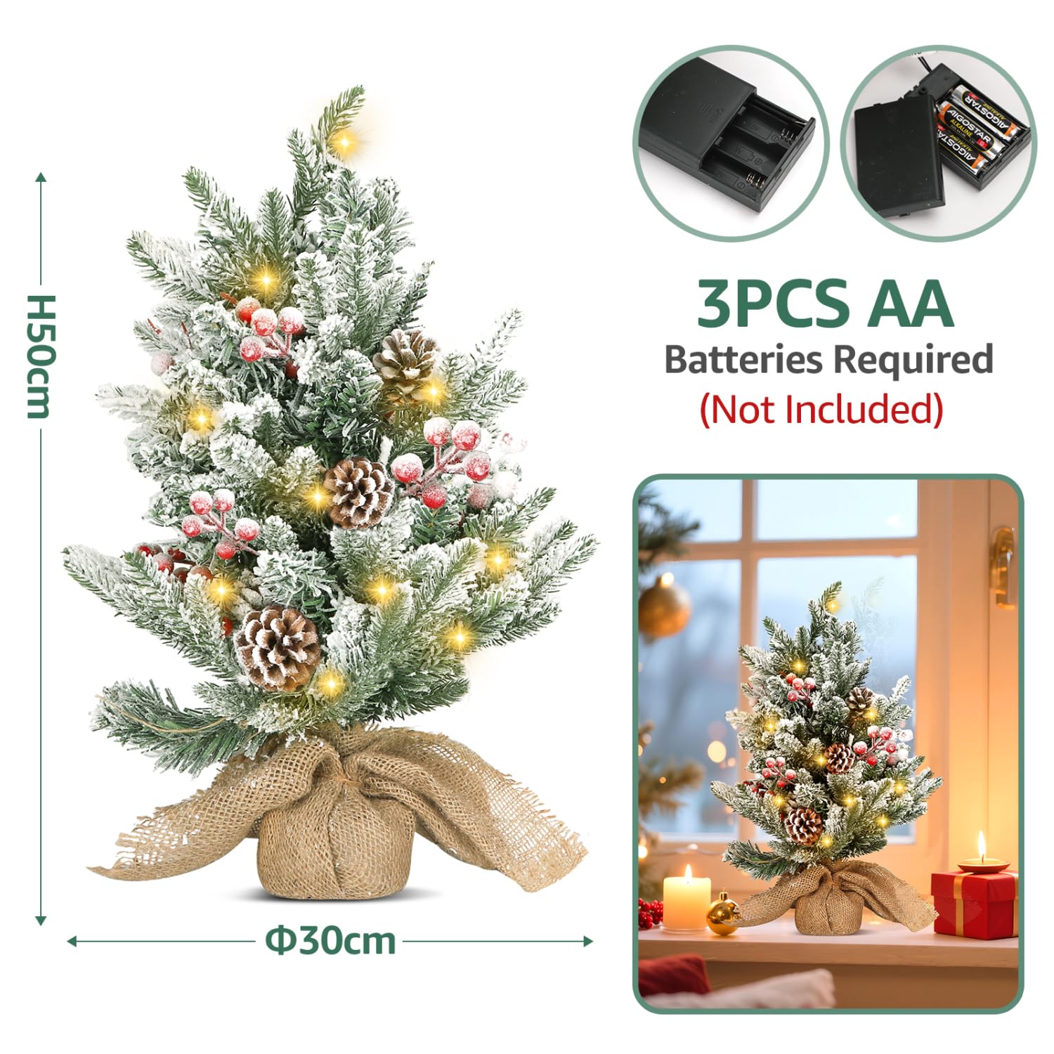 Aigostar Árbol de Navidad con Luces Incorporadas 50cm， 2 Unidad， Árbol de Navidad Pequeño Decorado con Piñas， Nieve Artificial y Frutos Rojos， Ideal para Dormitorio， Salón o Habitación Infantil