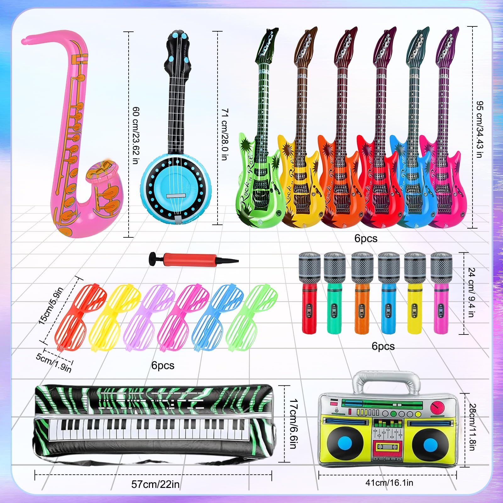 Juego de 23 accesorios inflables para fiestas, juego de instrumentos inflables, guitarra inflable para niños, micrófono de saxofón pipa, radio, teclado, gafas para decoración de fiesta de discoteca