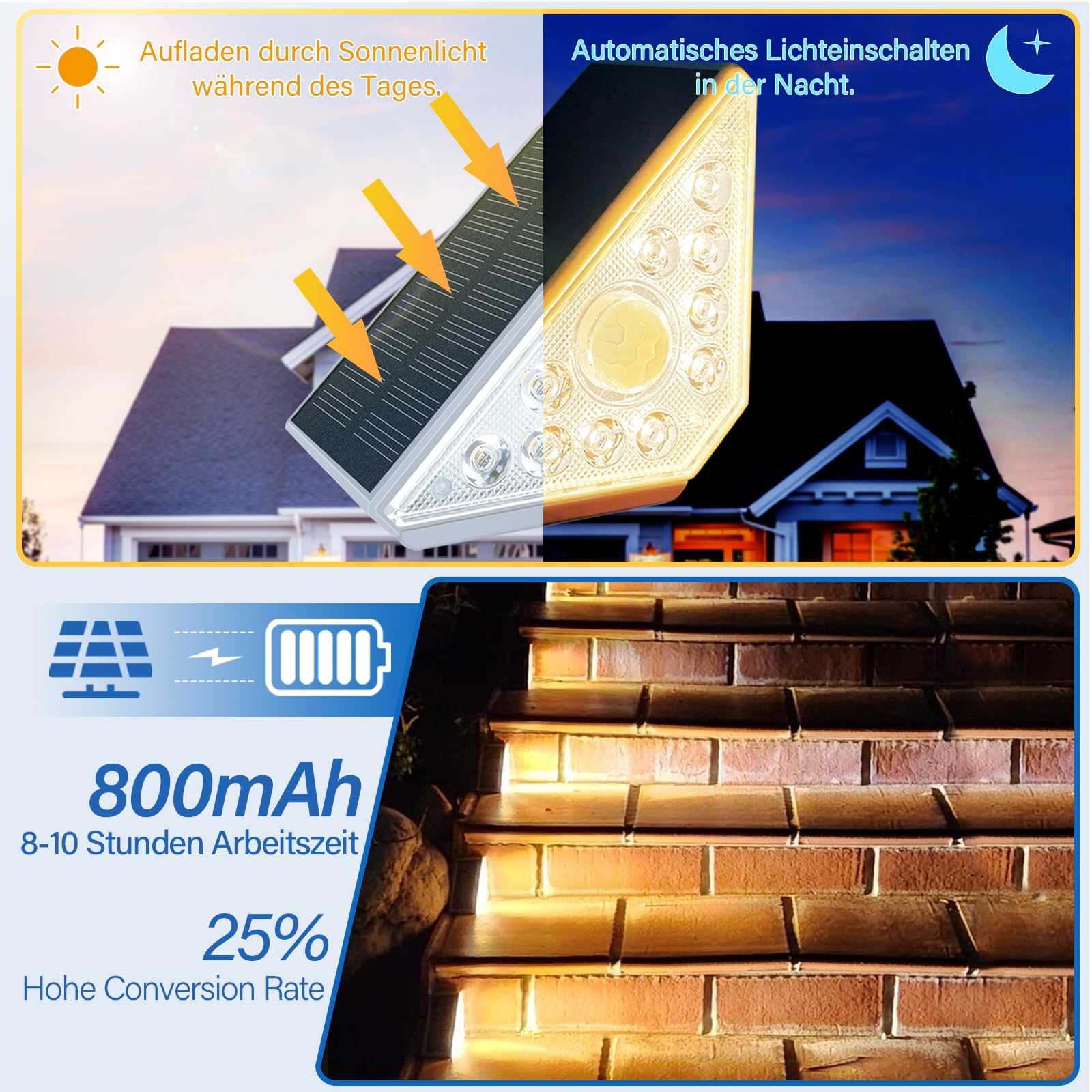 4 luci solari per scale esterne con sensore di movimento, luce bianca calda, illuminazione solare per scale, impermeabilità IP44, 800 mAh, per giardino, scale, patio, porta d'ingresso