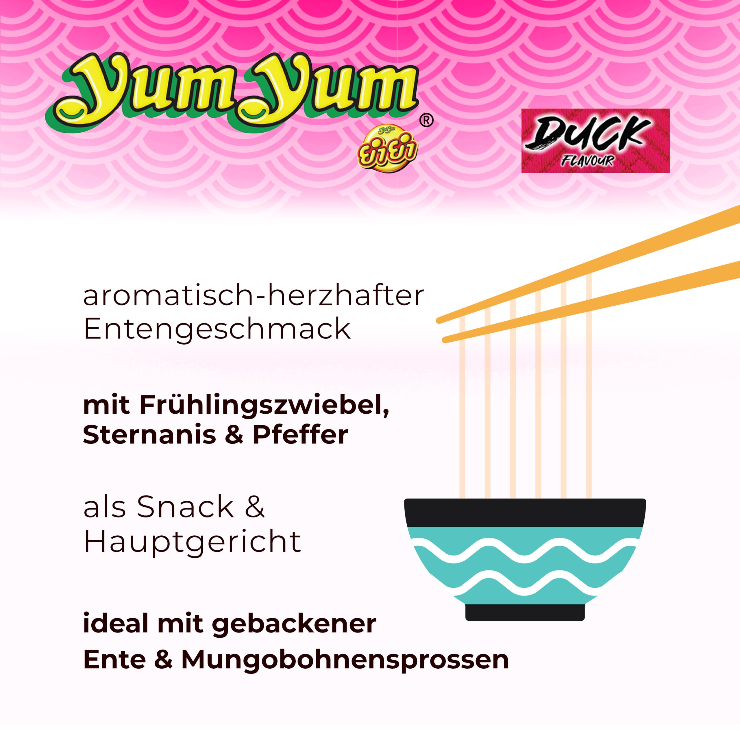 YumYum Instant Nudeln mit Entengeschmack, Asiatische Snack-Nudeln, Authentisch-Thailändisches Aroma, mit Shiitake-Pilzen & Tofu, 120x 60g