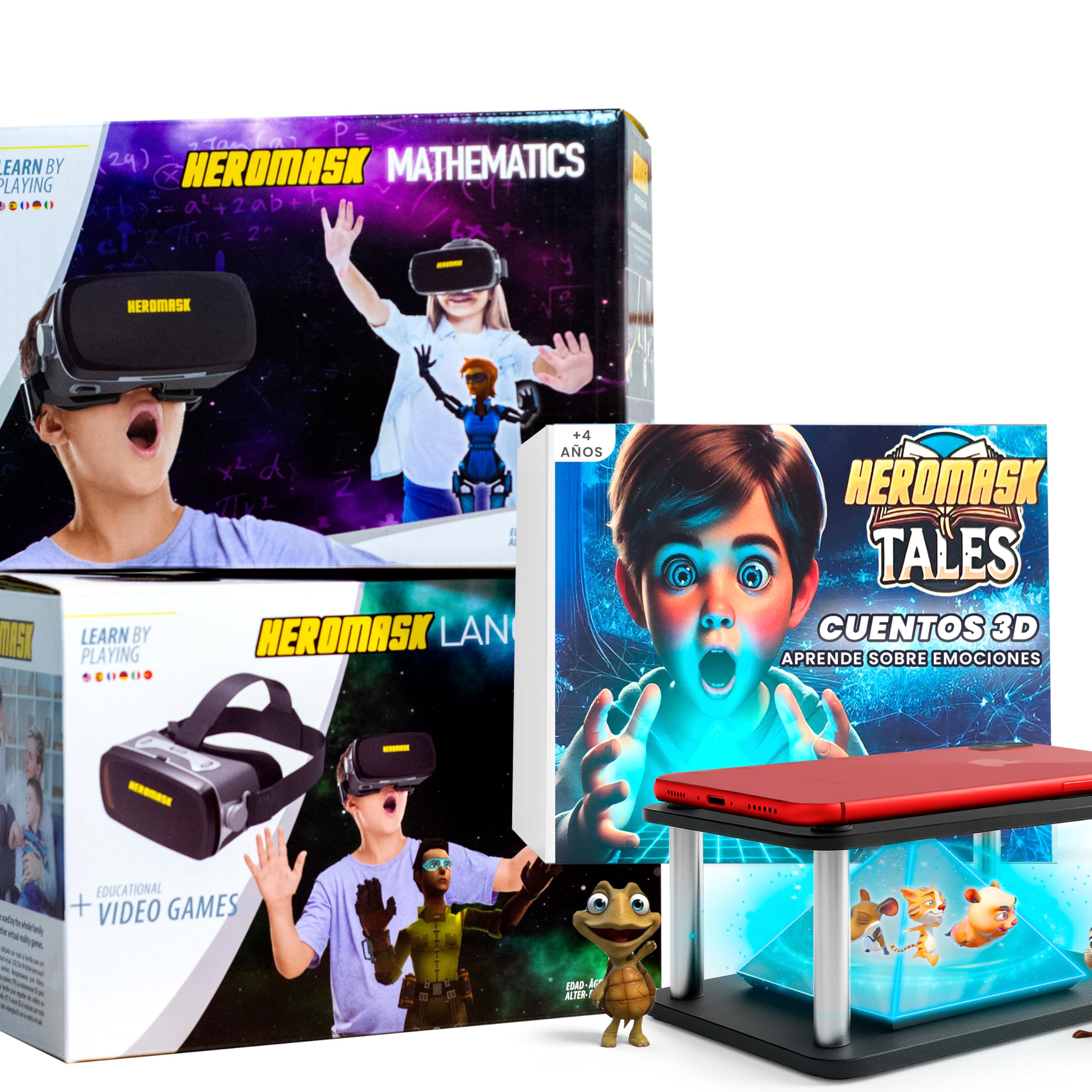 Heromask 3-in-1 Lernbundle – Sprachen, Mathematik & Geschichten in VR und Hologrammen | 2-in-1 Set mit VR-Headset + Hologrammpyramide | Originelles Geschenk für Kinder 5–12 Jahre