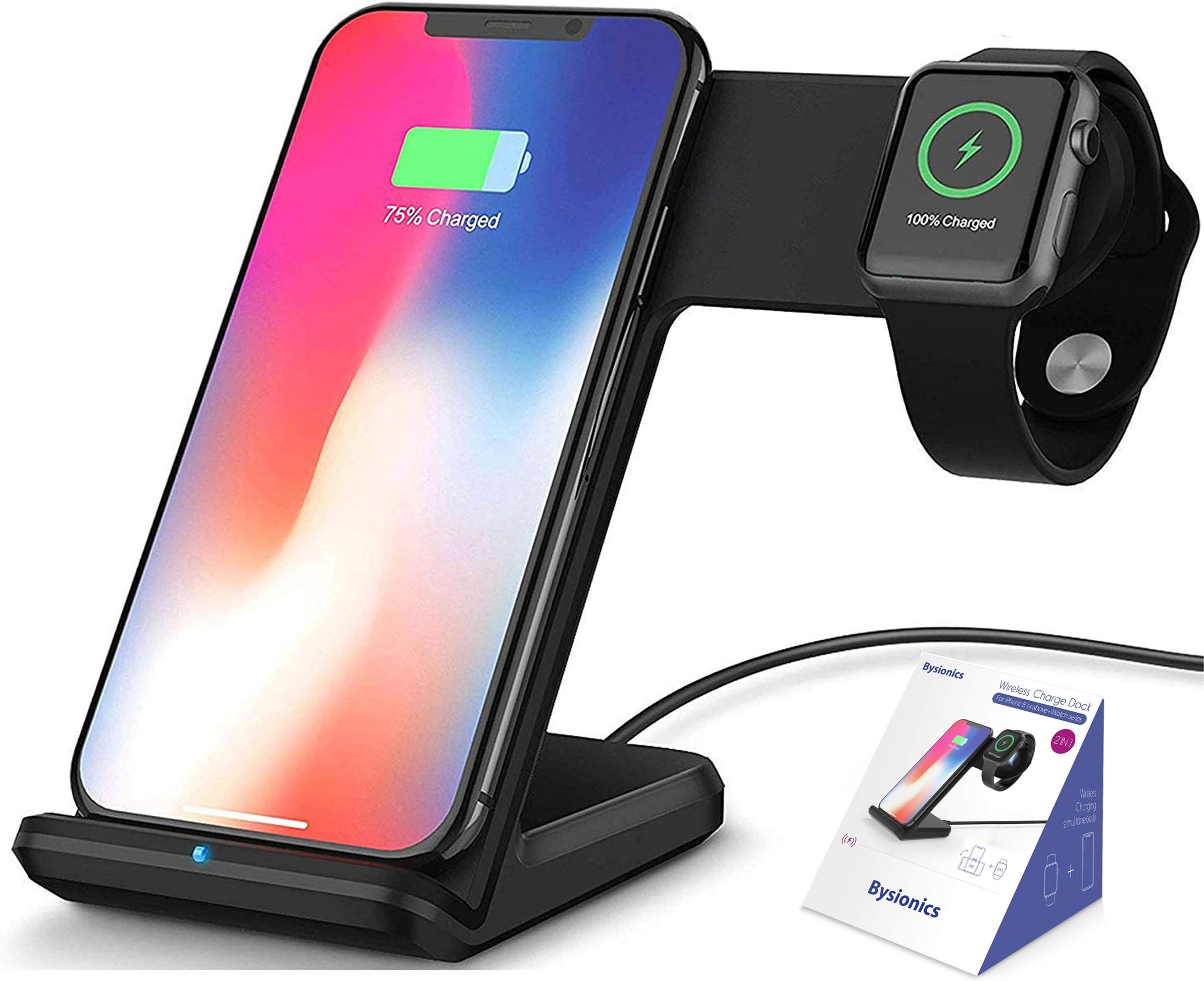 Wireless Charger,2 in 1 Fast Qi Phone Wireless Charging Stand & Wireless Charging Dock Compatible for Apple iWatch Series 4/3/2/1 (Black)