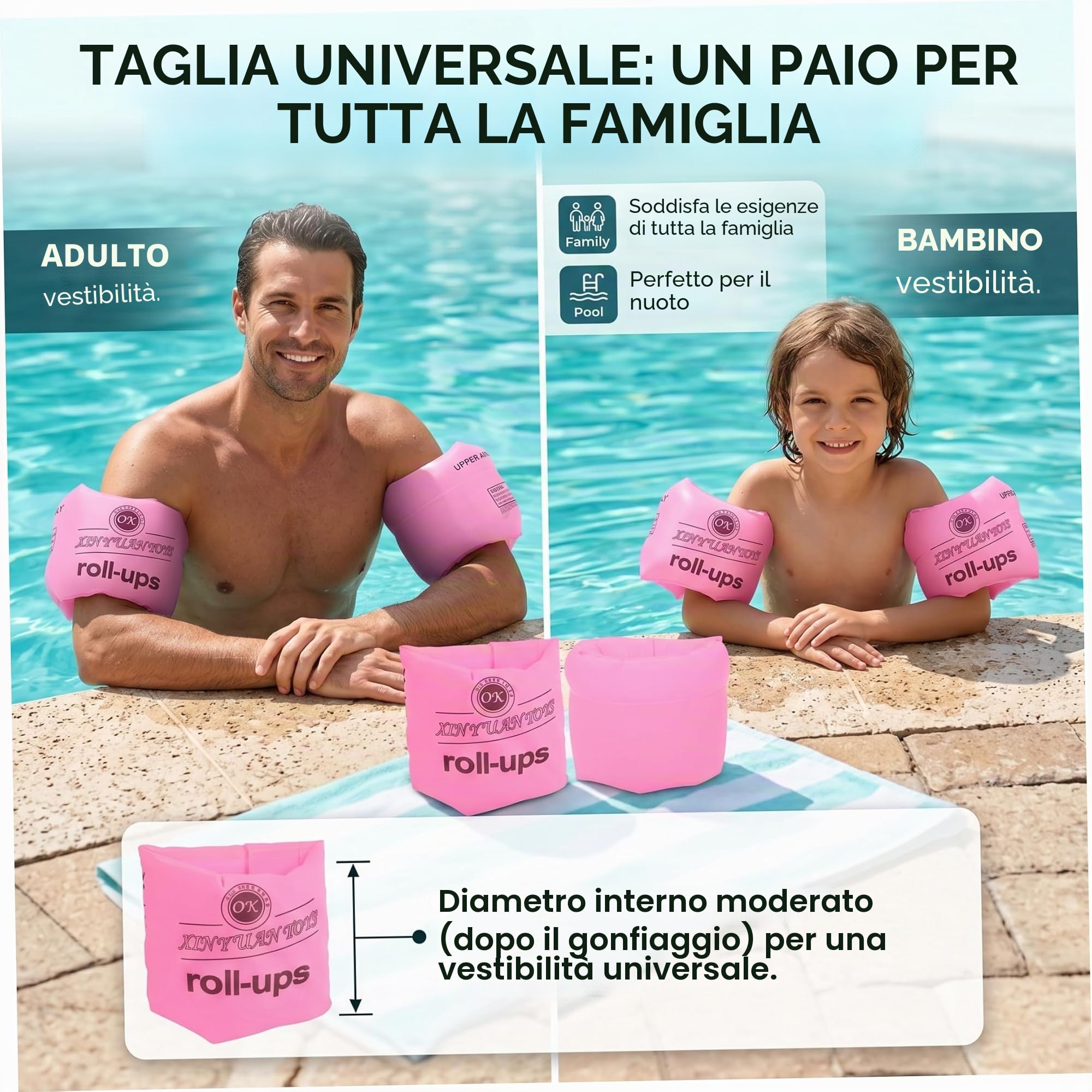 Salvagente da Braccio per Bambini, 2 Paia Salvagente da Braccio Gonfiabile per Bambini e Adulti, Doppie Fasce da Nuoto, comode Maniche galleggianti in PVC/TPU