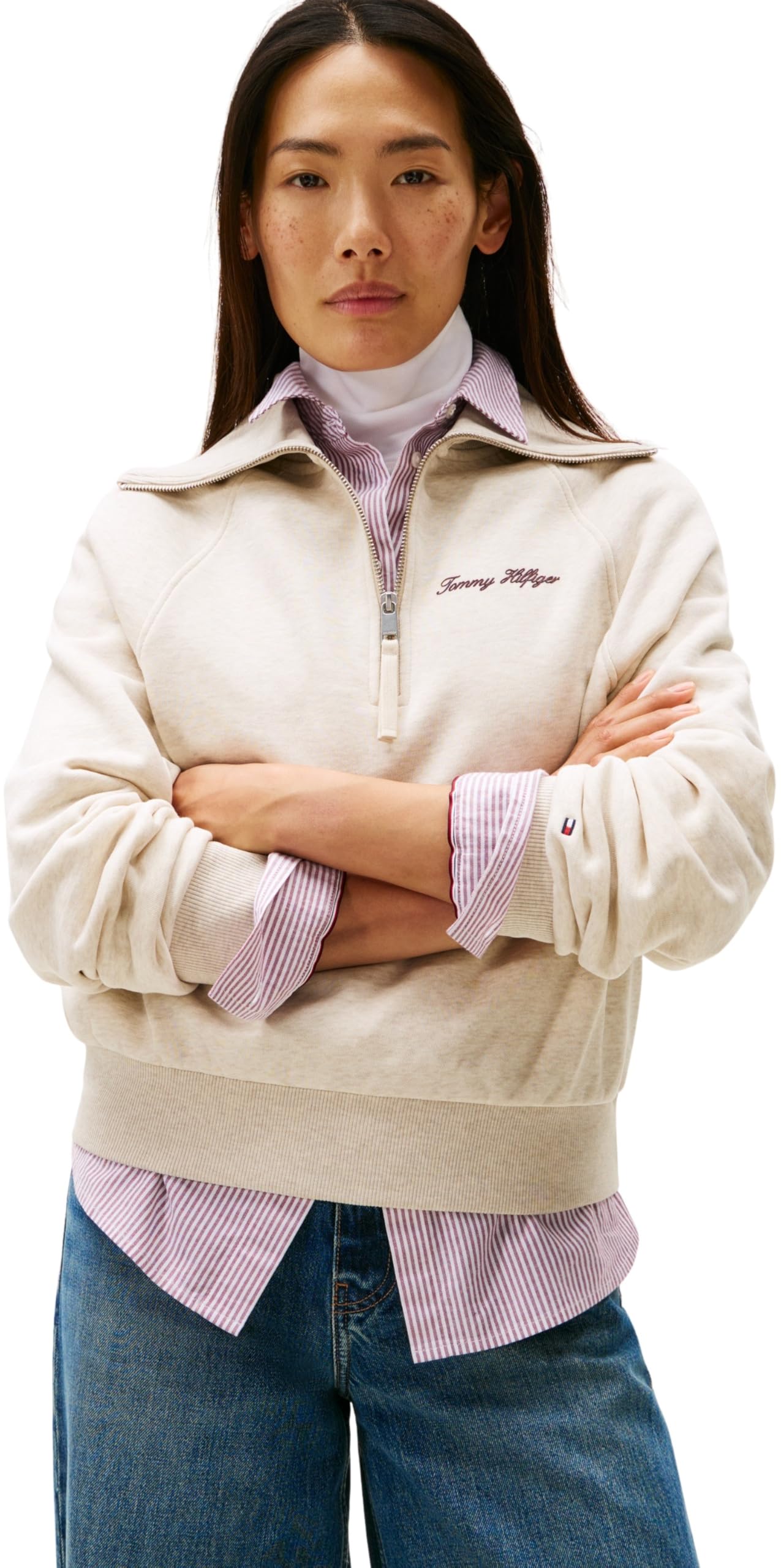 Tommy Hilfiger Women's Classic Script Fleece Half Zip Sweatshirt, Off-White (Heather Oatmilk), M