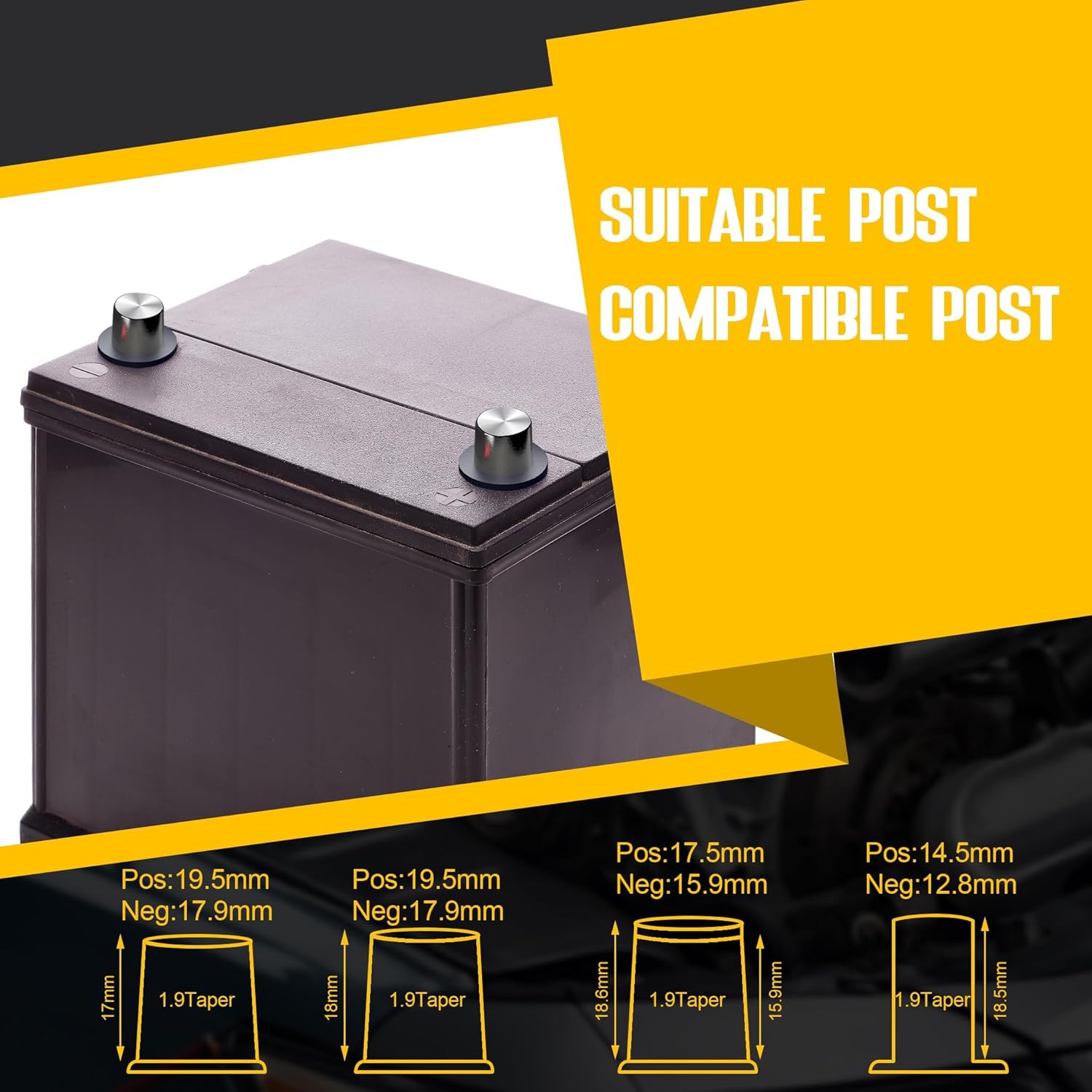 4-Way Lead Acid Battery Terminal Connector Clamps Battery Cable Ends for SAE/DIN/EN Tapered Top Post with 8AWG to 4/0 AWG, Positive & Negative Set, Battery Terminals with OEM Top Post