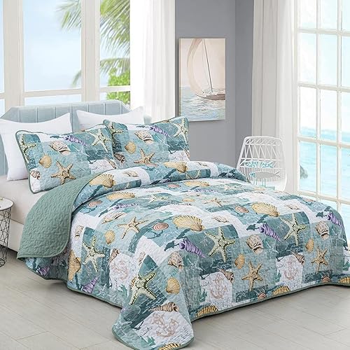 Miniatura 2 de DJY Juego de edredón de 3 piezas, tamaño King, juego de edredón con patrón costero de playa náutico Seastar, cubrecama suave con 2 fundas de