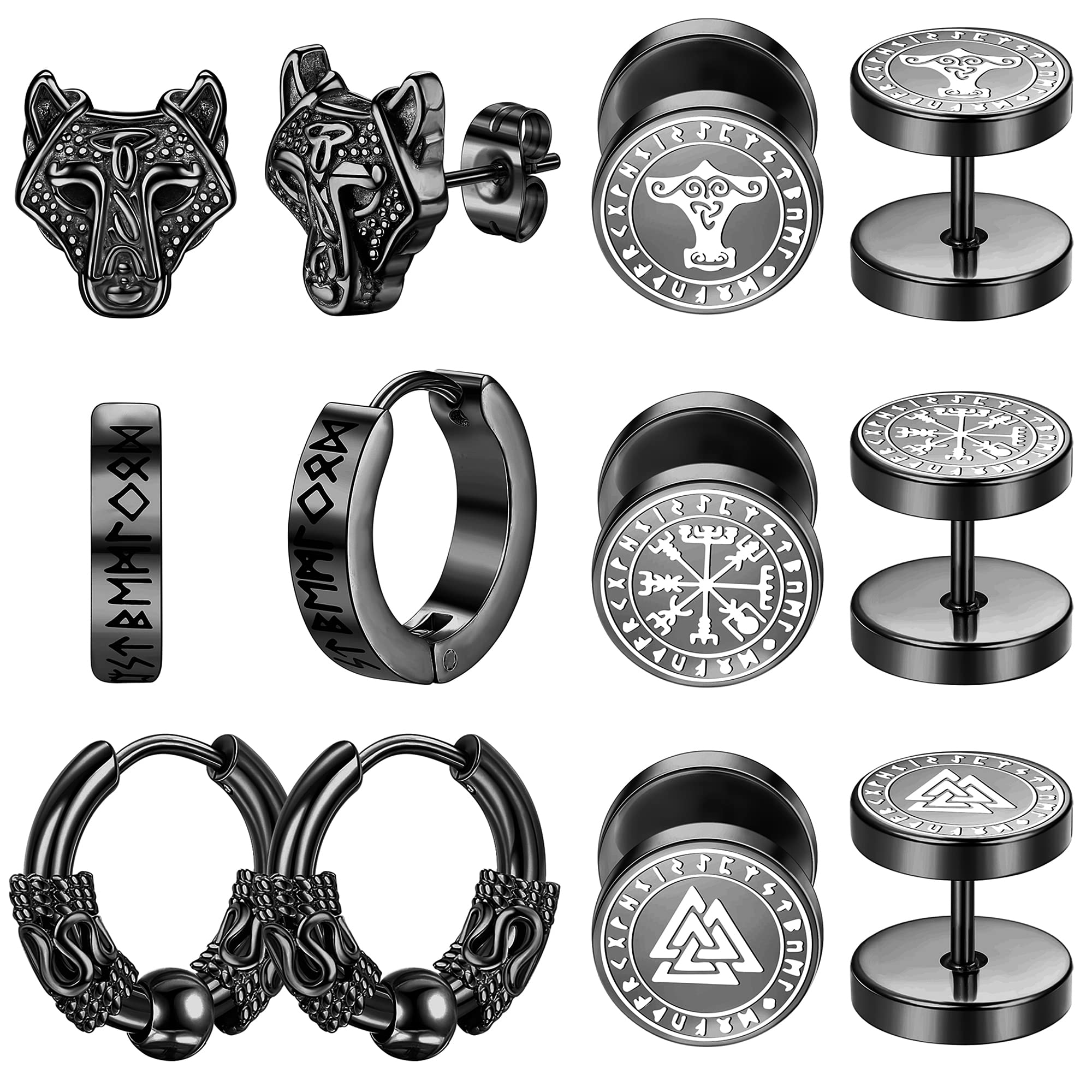 Dochais 6 Pares(12 pcs) Hombre Pendientes Negro Plata,Pendientes Estilo Vikingo-Cabeza Lobo Tótem Brújula,Pendientes de Aro para Hombre de Acero Inoxidable