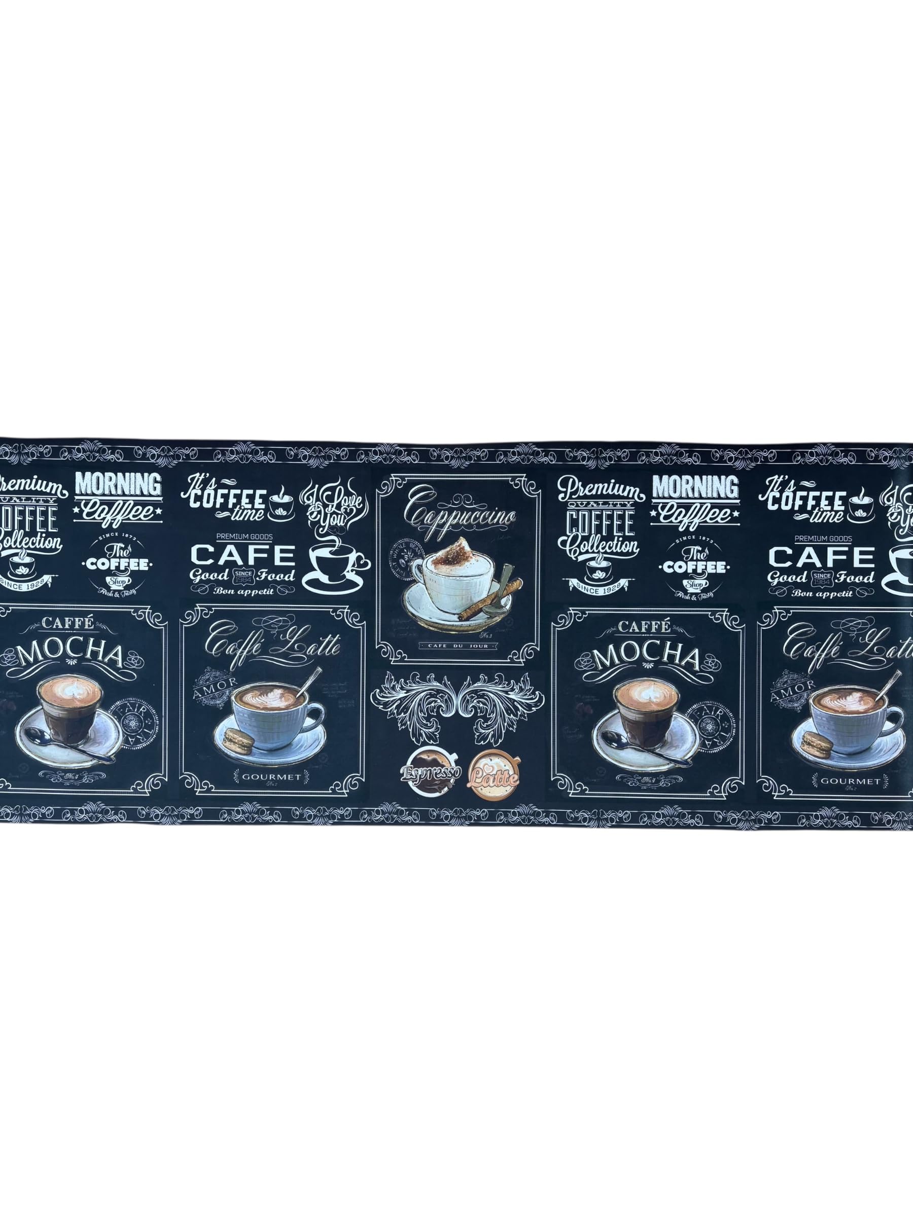 Tappeto Cucina Coffee Time Nero – Stile Chabby Chic Lavagna Vintage con Tazze Caffè | Super Assorbente, Antiscivolo, Lavabile in Lavatrice, Perfetto con Robot e Animali (cm_60_x_300)