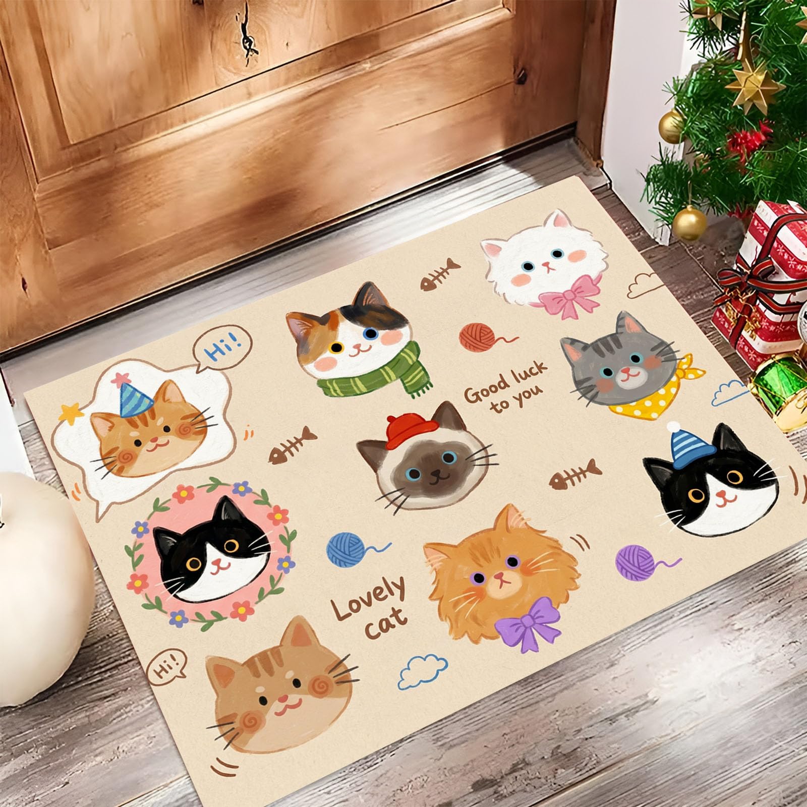 Felpudo de Entrada 80x120cm, Alfombra Estilo Francés Suave Atrapapolvo Alfombra Avatar De Gato Antideslizante Lavable, Alfombrilla con Microfibras Suaves Absorbentes para Puerta, Pasillo, Caqui Claro