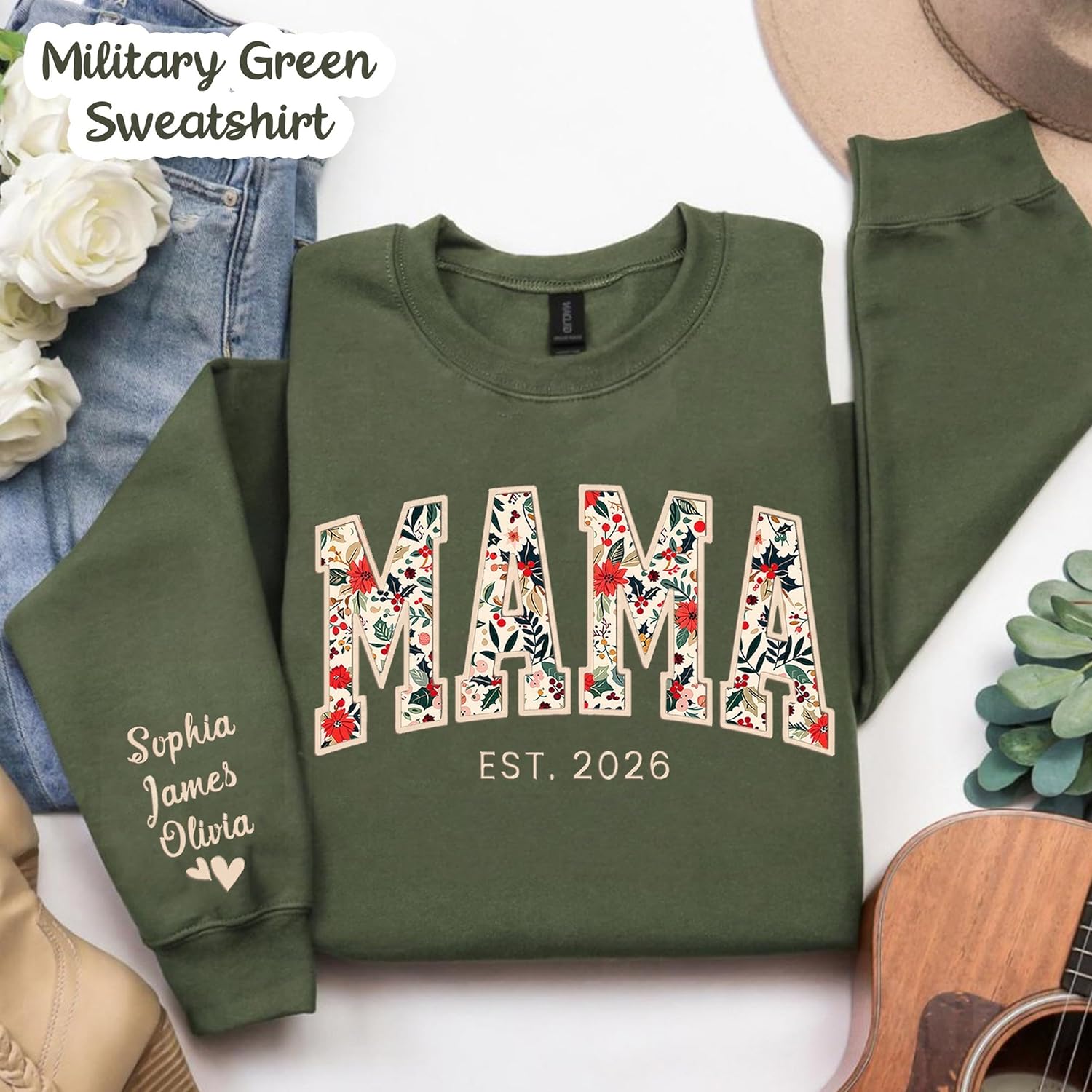 Custom Embroidered Grandma Floral Shirt with Names on Sleeve, Personalized Grandma Gift, Floral Grandma Crewneck Sweatshirt - Image 2