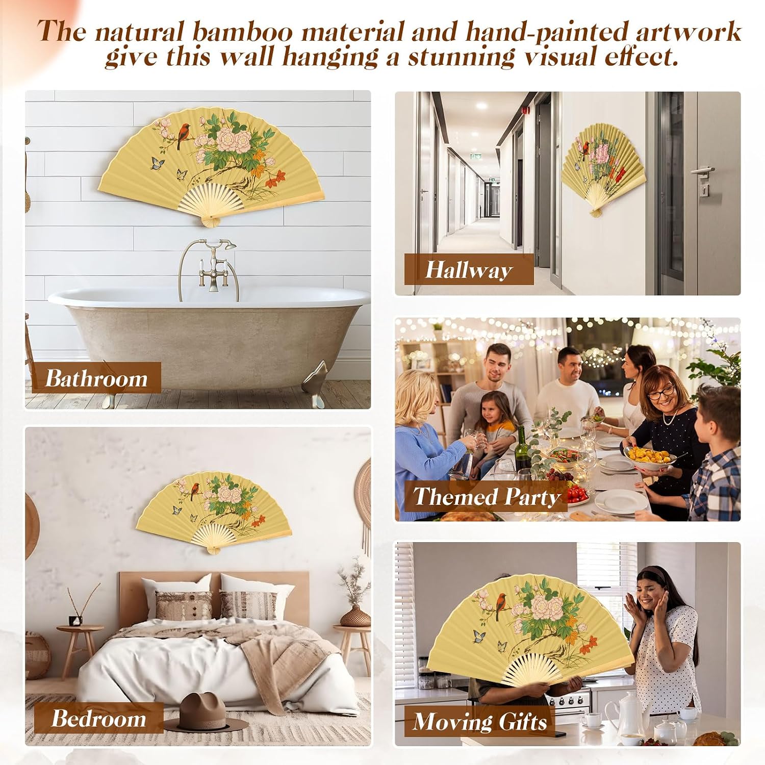 Quzzil Giant Fan Wall Decoration 43 Inch Large Chinese Traditional Fan Wall Art for Hanging Headboard Decorative Bamboo Decoration for Background Living Room Bedroom Headboard Art(Elegant)