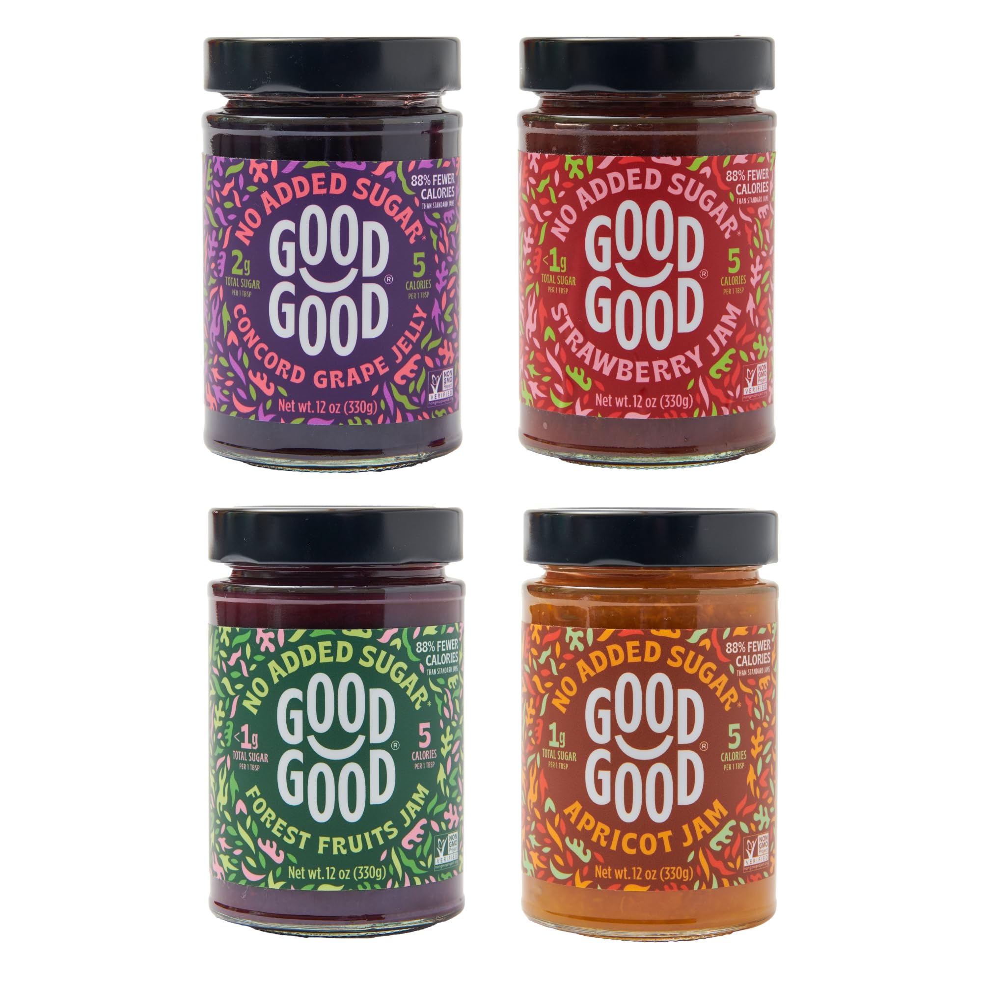 GOOD GOOD No Added Sugar Fruit Jam Variety Pack of 4 - Keto Friendly Jelly - Concord, Strawberry, Apricot and Forest Fruit Jams - Low Calorie, Low Carb and Vegan - 12oz / 330g Jars
