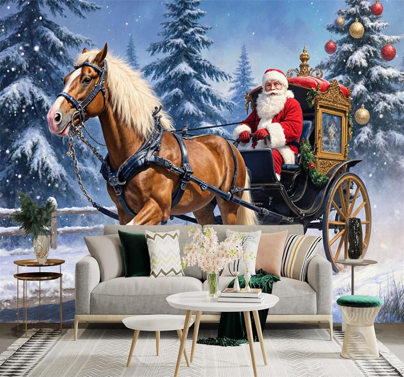 XLMING Idyllic Winter Horse Drawn Carriage Pine Trees Snowy Landscape 3D Wallpaper Premium Textured Silk Study Dining Living Room Bedroom Sofa TV Wall Easy Install-350cm×256cm