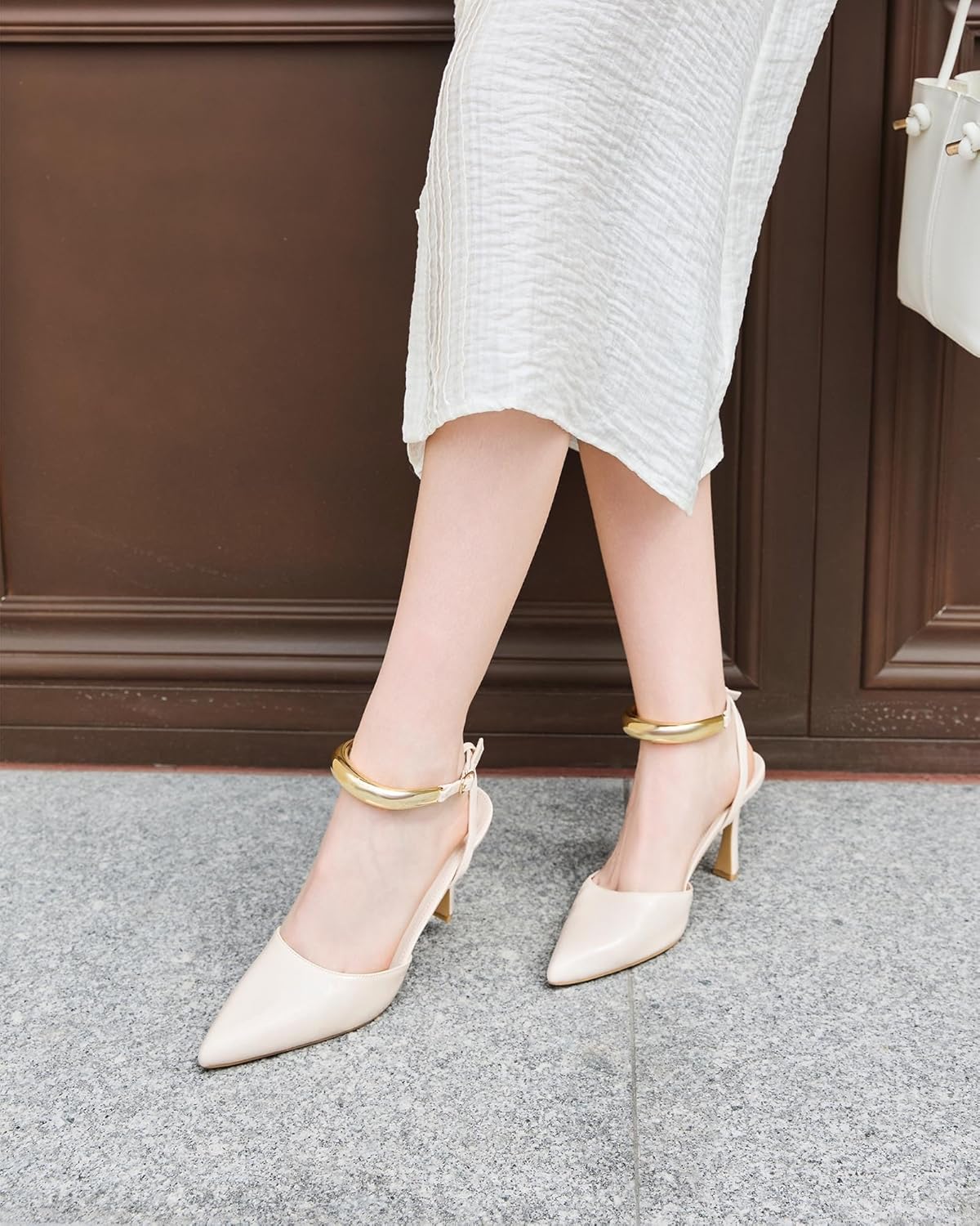 Coutgo Womens Strappy High Heels Closed Pointed Toe Pumps Ankle Strap Metal Party Dress Shoes - Image 2