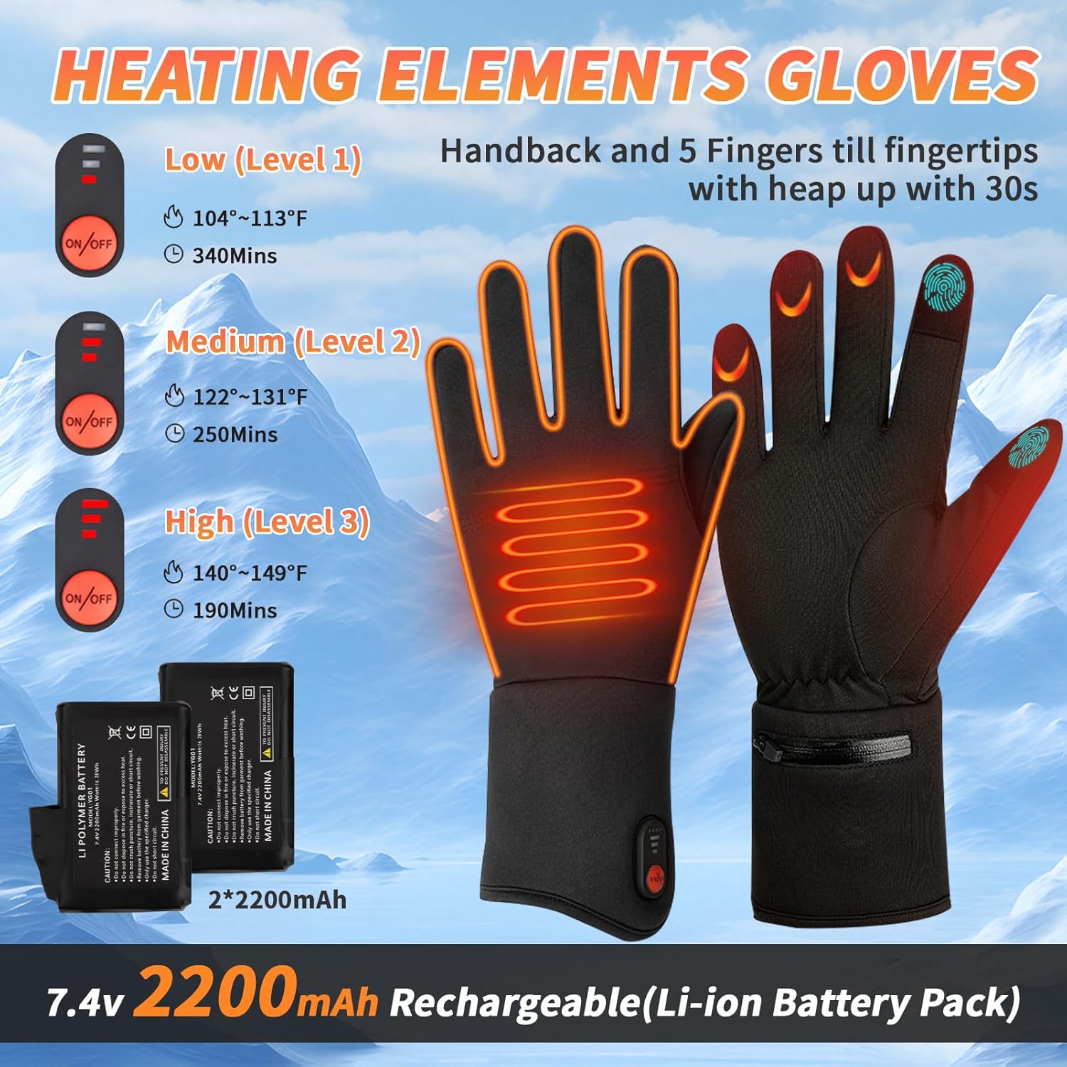 Heated Gloves for Men & Women - 2200mAh Battery, 3 Heating Levels, Overheat Protection - Ultra-Thin Electric Motorcycle Riding Gloves for Winter, Skiing, Snow Sports
