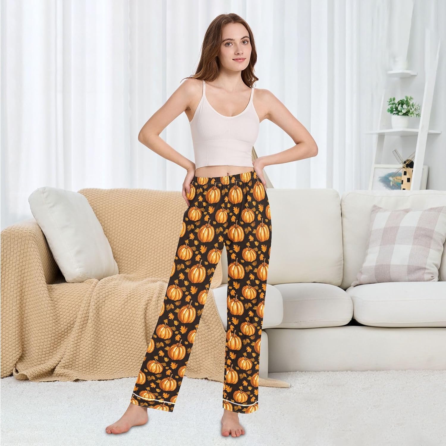 Pajama Pants Women Fall Pumpkins Leaves Soft Sleep Lounge Pj Bottoms with Pocket S-XXL