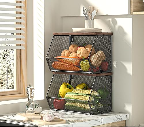 Cesta colgante de frutas con tapa de madera, paquete de 2 organizadores apilables para encimera de cocina, almacenamiento de cebollas y papas, cesta