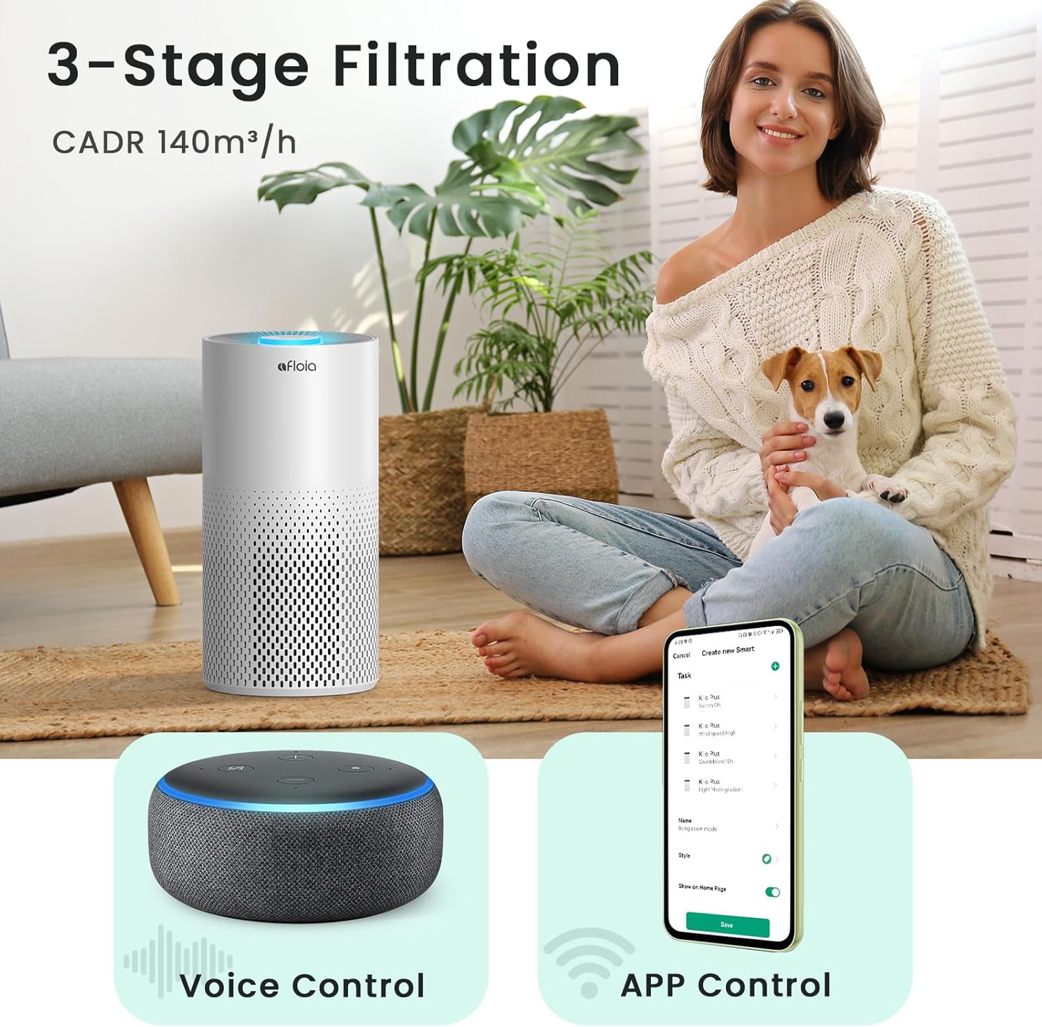 Afloia Air Purifiers for Home Bedroom Large Room Up to 1076 Ft², Smart WiFi Works with Alexa, 3-Stage Filter Cleaner Odor Eliminator, Pet Dander Pollen Allergy Dust Mold Smoke, 22dB, Kiloplus White