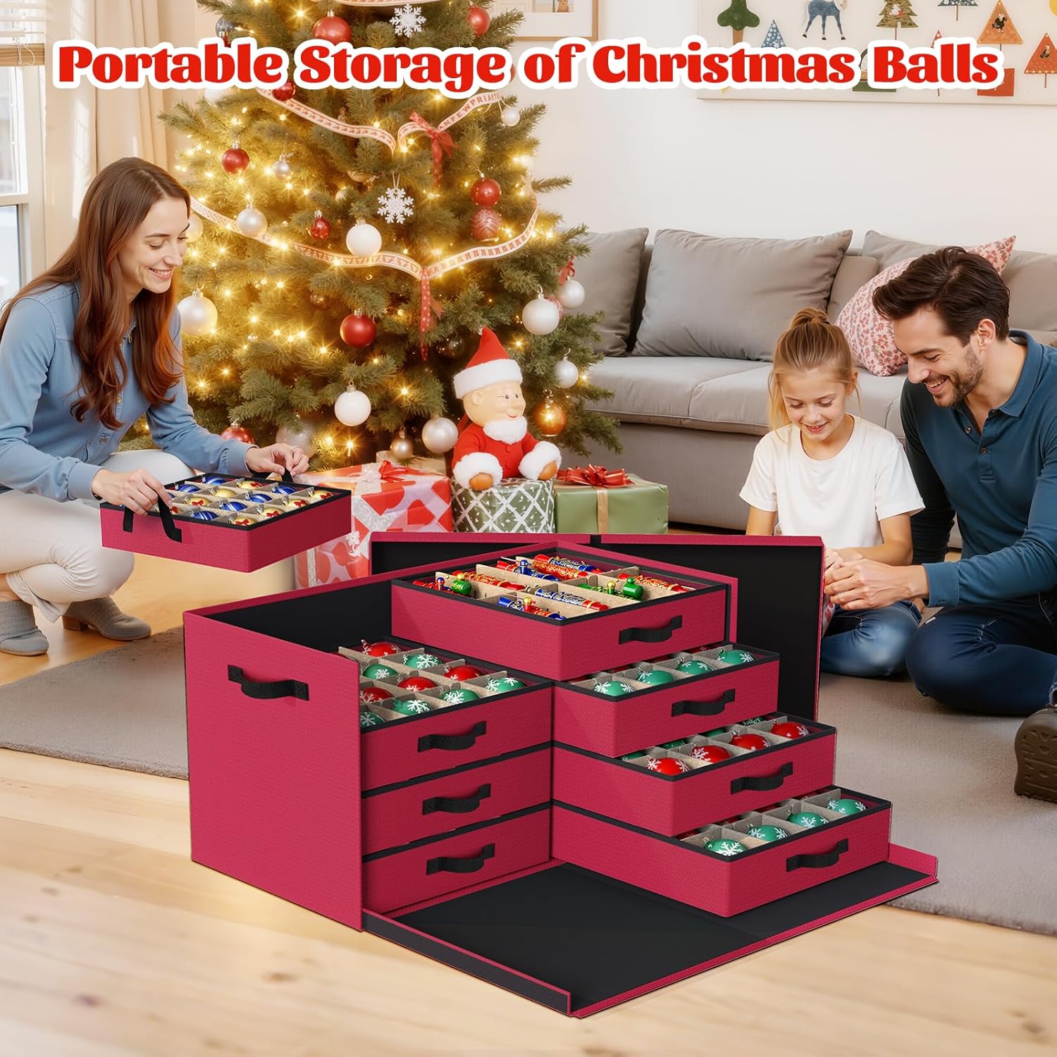 StorageRight Christmas Ornament Storage Box - Ultra Large Drawer Ornament Organizer with 8 Separate Trays & Adjustable Dividers, Portable Ornaments Box with Cover & Handle for Holiday Decorations(Red) - Image 5