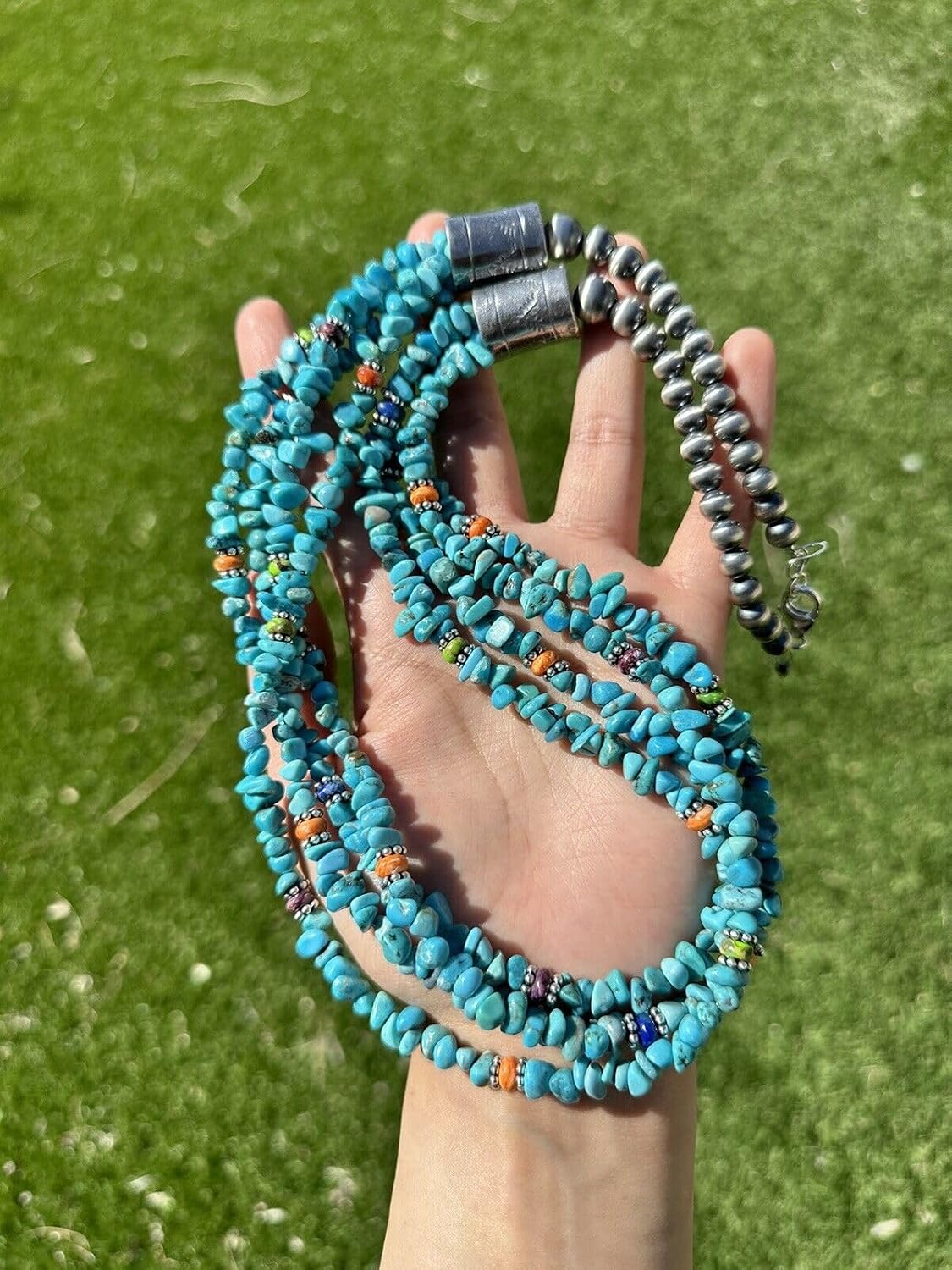 Sterling Silver Multi Strand Stone Blue Turquoise Pearls Bead Necklace. 26 inch 925 Southwestern