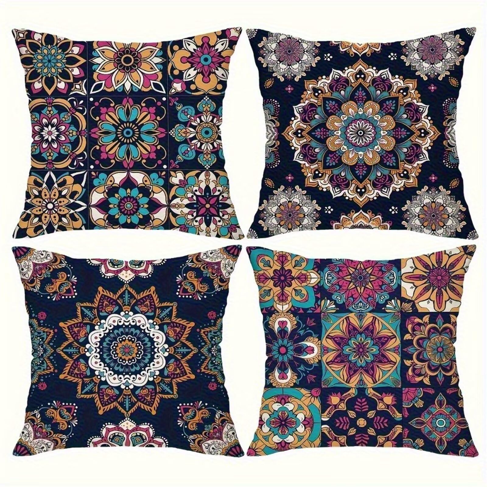 Heaen Outdoor Cushions Covers Waterproof 55x55 cm Set of 4 Square Linen Pillow Cases Purple Mandala Decorative Dushions for Sofa Porch Patio Home Decor