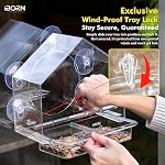 iBorn 2026 New Window Bird Feeders for Outdoors Wind-Proof Tray Lock,Cardinal Bird Feeder with Strong Suction Cups for Window Bird Watching, Chewproof PC, for Parent &Child