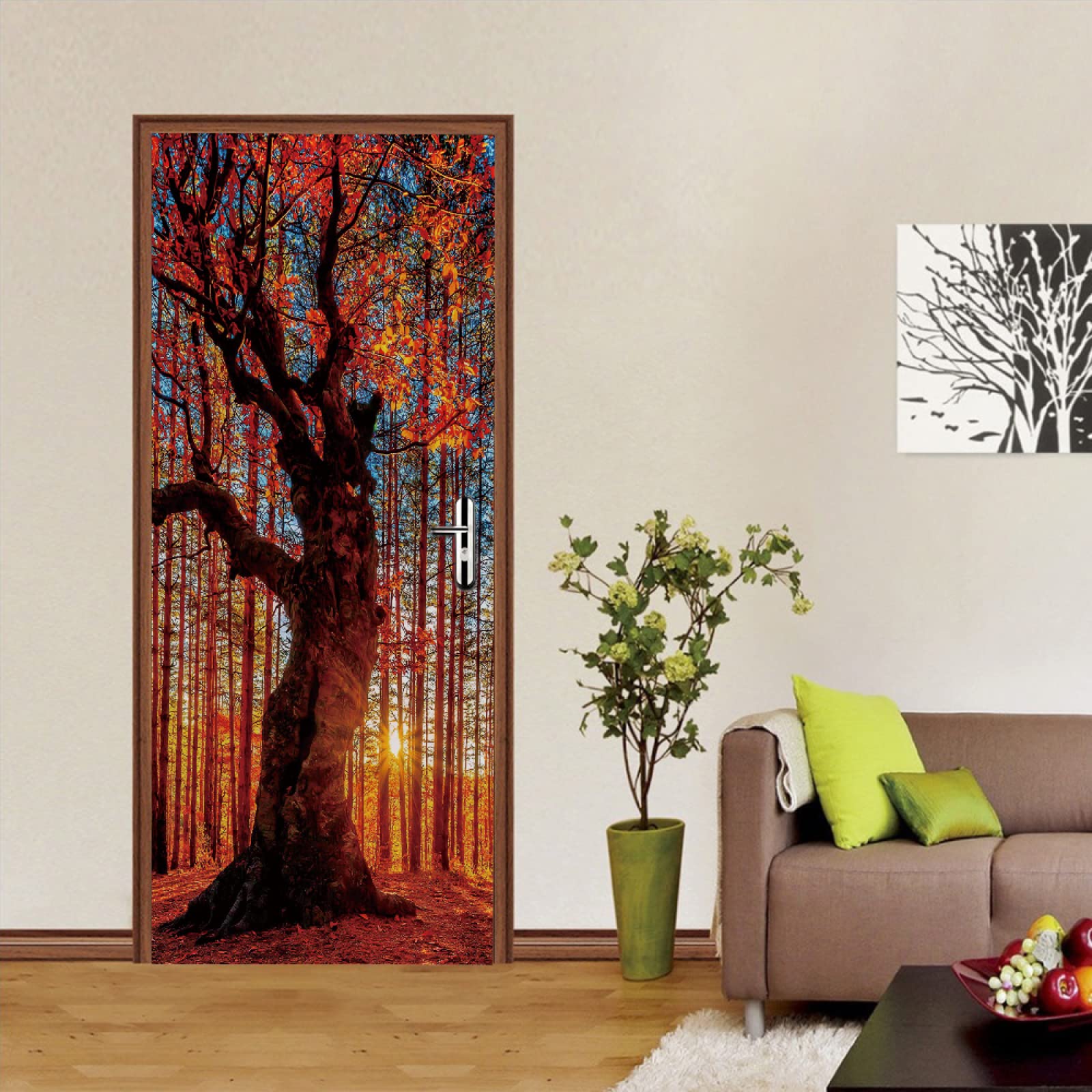 3d Stickers Porte Porte Arbres rouges et à fleurs Auto-AdhéSif Murale DéCoration De La Maison Stickers Muraux Chambre Salon Affiche Amovible Art Autocollants L100 x H200cm