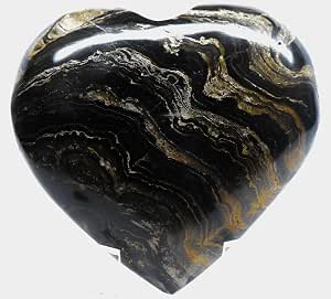 2.3" Golden Pyrite In Green Serpentine Puffy Heart Polished Gemstone - 90g, From Peru, Includes Acrylic Stand