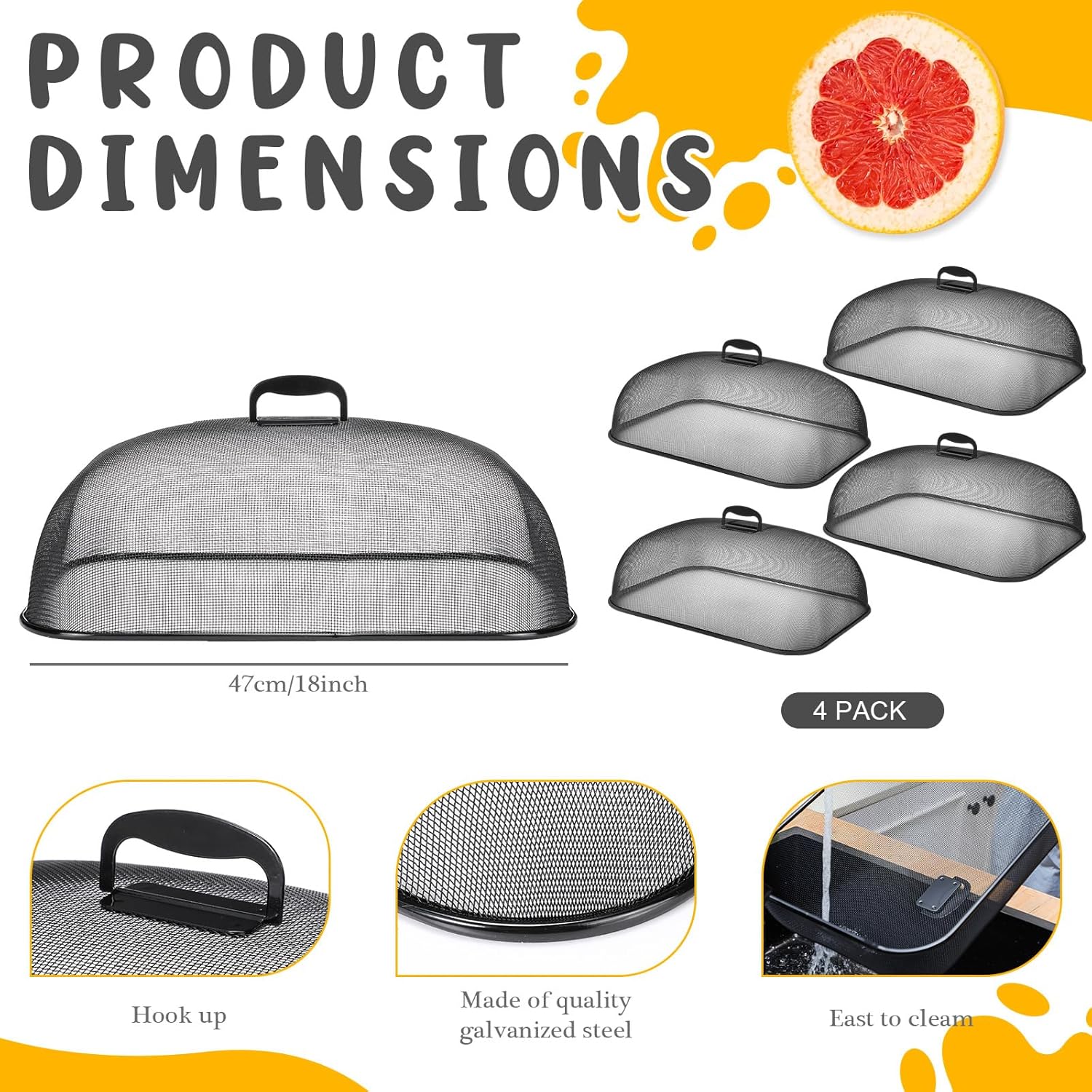 Hicarer 4 Pcs Metal Mesh Screen Food Cover for Outdoors Set Large 18.5 Inch Mesh Food Tents for Picnic Indoor Plate(Black)