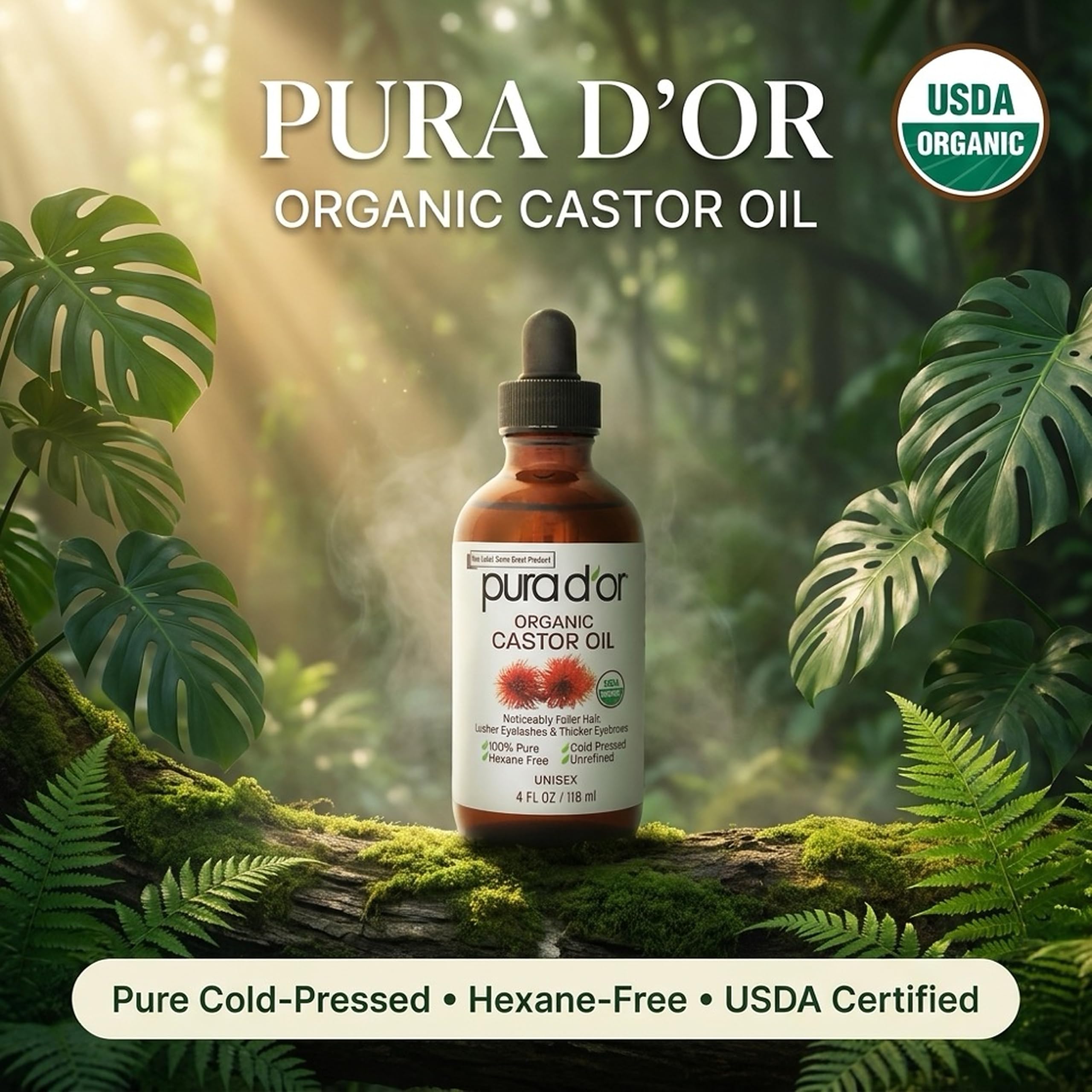 Pura D'Or Olej rycynowy (118 ml) 100% czysty naturalny olej do wzrostu włosów,darmowe heksan tłoczony na zimno olej rzęsy nawilżają i leczą suchą skórę