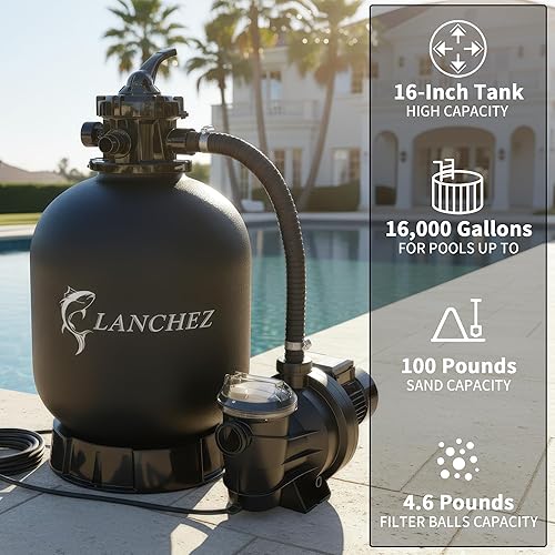 Miniatura 2 de LANCHEZ Bomba de filtro de arena de 16" para piscina sobre el suelo con temporizador, bomba de piscina de 1.5 HP para piscinas de hasta 16,000
