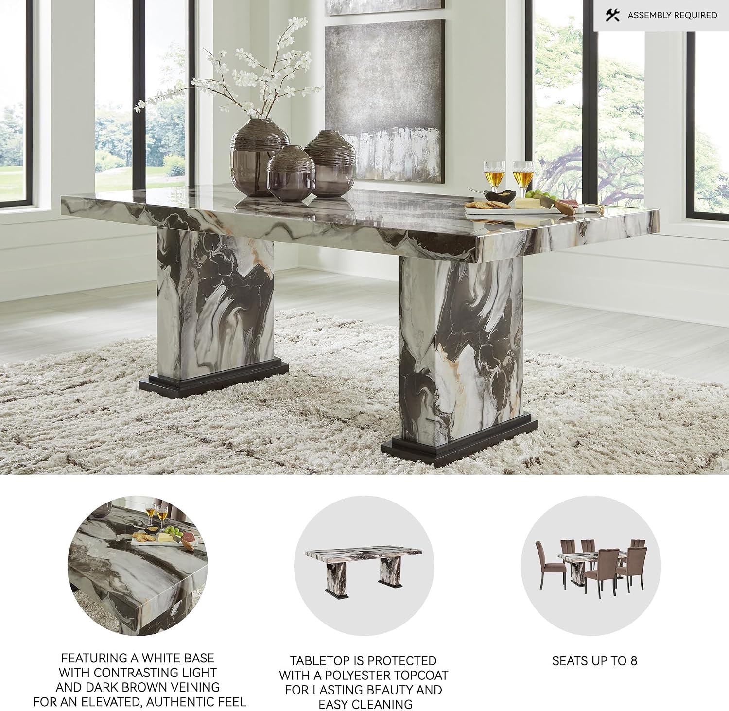 Signature Design by Ashley 80" Modern Faux Marble Dining Table, Seats 8 | Double pedestal base, Easy-to-clean glossy polyester topcoat over engineered wood core, Zendalia Series