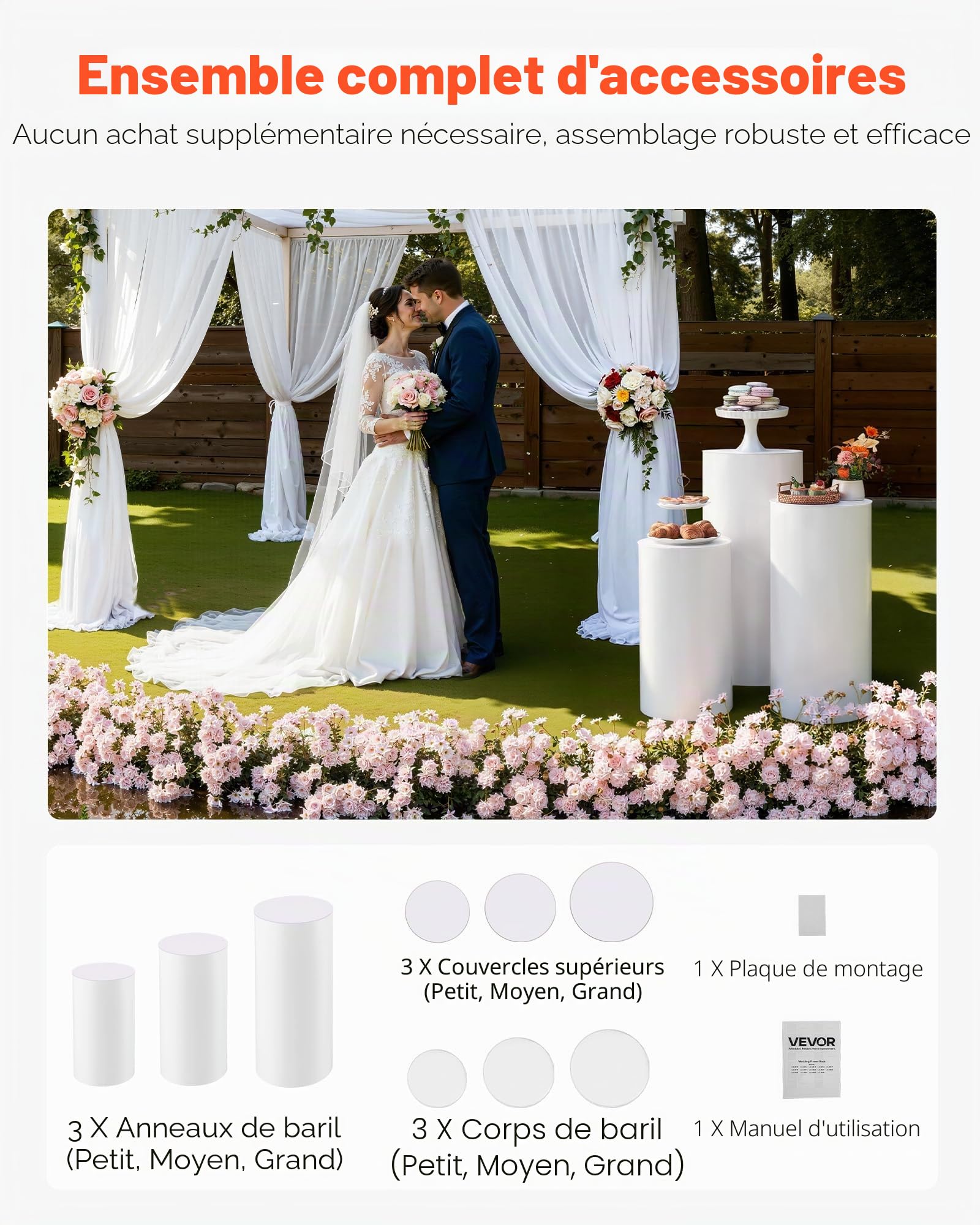 VEVOR Support Fleur Mariage Cylindrique Lot de 3 Support Cylindre Anniversaire 60/75/90 cm Présentoir Fleurs Mariage pour Mariages Fêtes Anniversaires Déco Artistique, Couvercle PVC Charge 15 kg Blanc